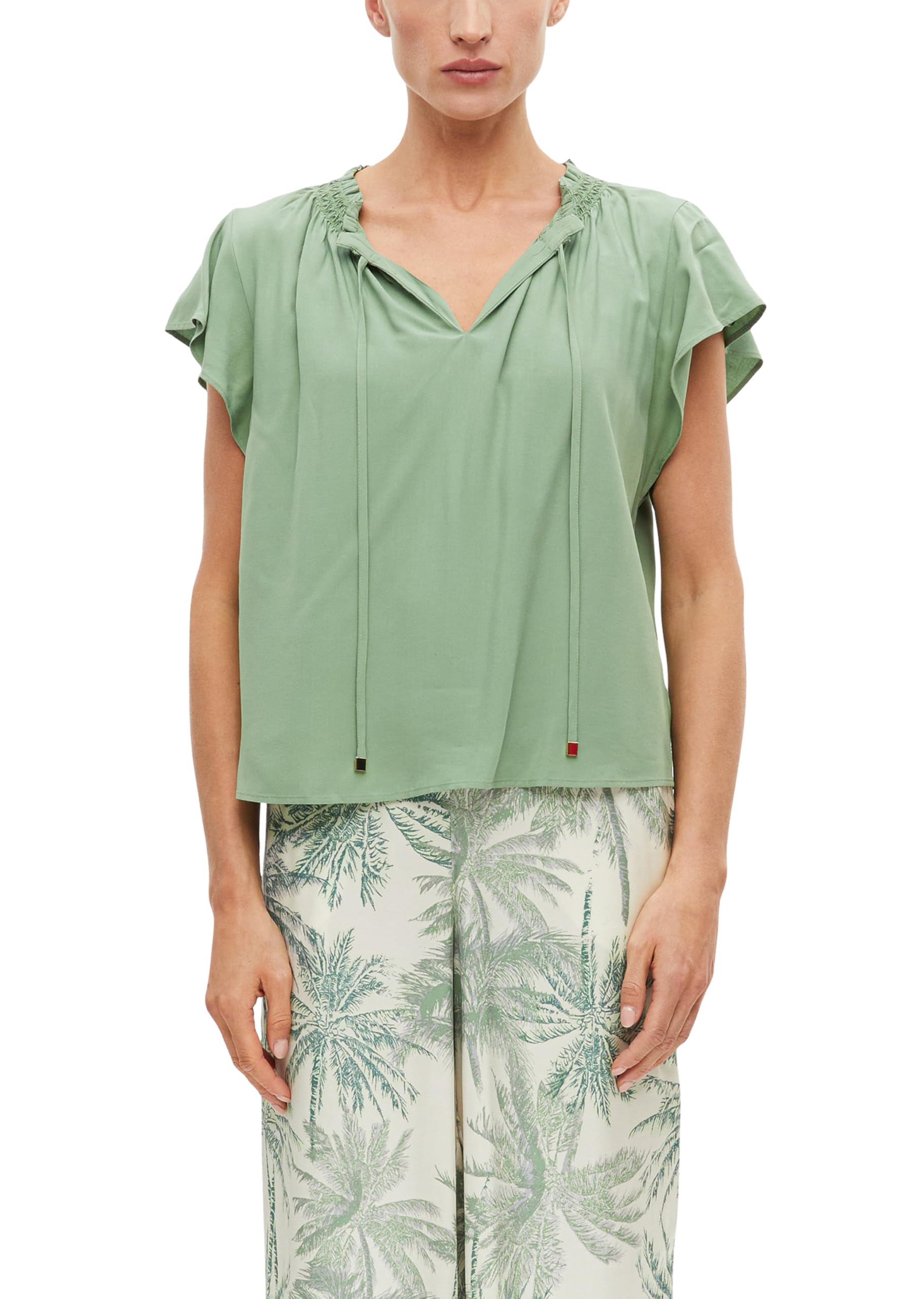 s.Oliver Women's 2178669 Blouse with Ruffle Collar (Pack of 1), Green, 18