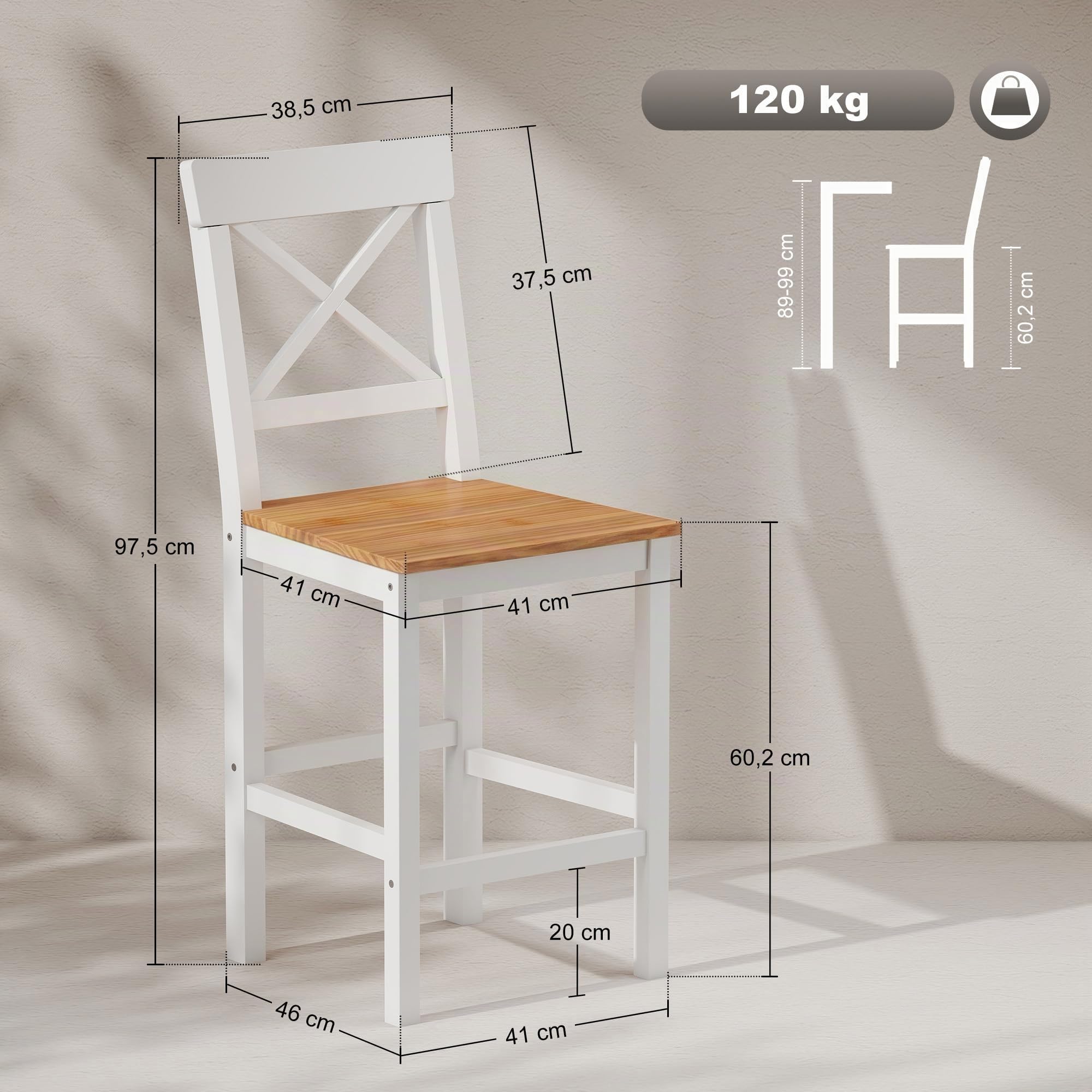 HOMCOM Conjunto de 2 Taburetes de Bar Altura Asiento 60,2 cm Taburetes de Cocina de Madera con Respaldo y Reposapiés Carga 120 kg para Comedor Salón Natural y Blanco