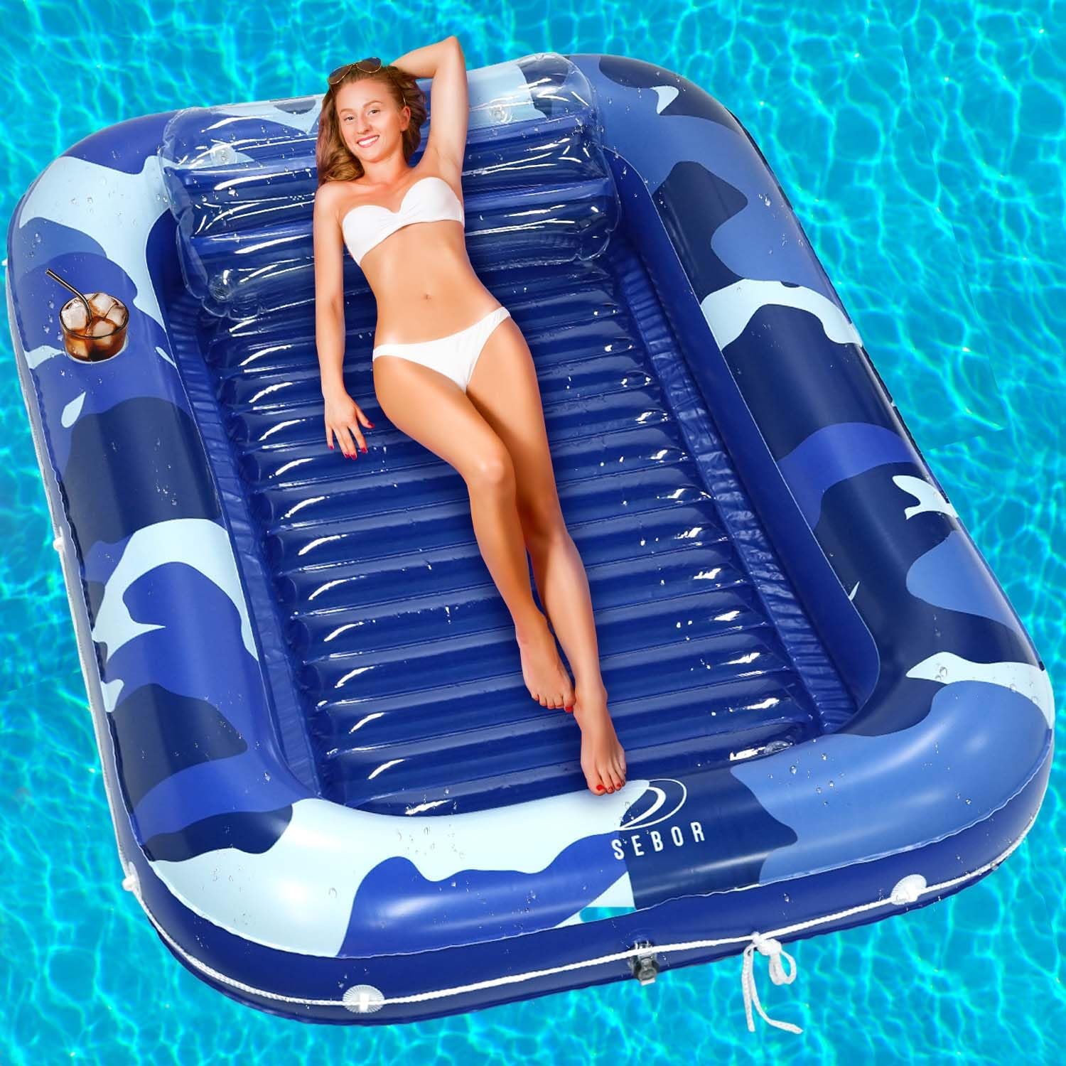 Larger Inflatable Tanning Pool Lounger Float, Heavy Duty 76" x 57" Thicken Suntan Tub Pool Floats with Removable Backrest & Cupholder, Navy Blue