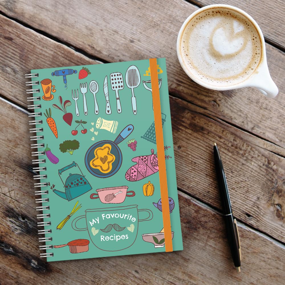 Recipe Journal Notebook- Blank Recipe Cookbook write your own recipes and organise your recipe collection. A5 Spiral Bound,128 Ruled Pages and Elastic Page Divider. Cooking Themed cover design - Image 2