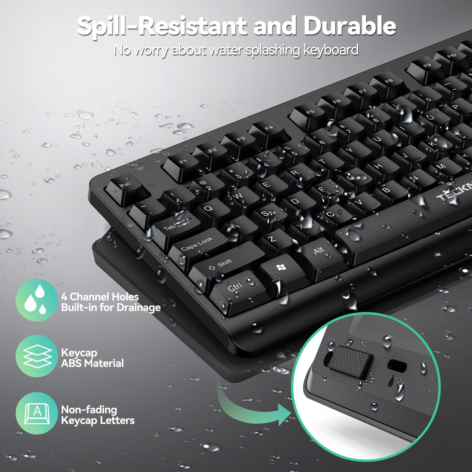 TECKNET Wireless Keyboard for Laptop, 2.4G USB Silent Computer Keyboard with Ergonomic Keys & Adjustable Feet Stand for Desktop, PC, Notebook, and Windows, QWERTY UK Full Size Layout- Black — view 3