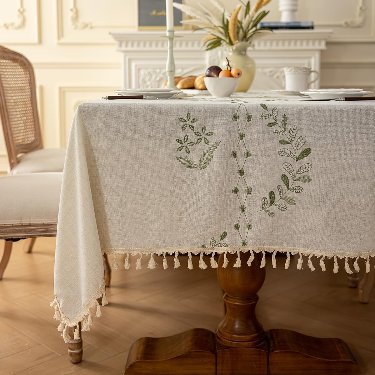 Green Embroidered Waterproof Tablecloth Beige Fabric with Rustic Floral Fringe Dust-Proof, Splash-Proof, Stain-Resistant Rectangular Tablecloth (55x86 inches)