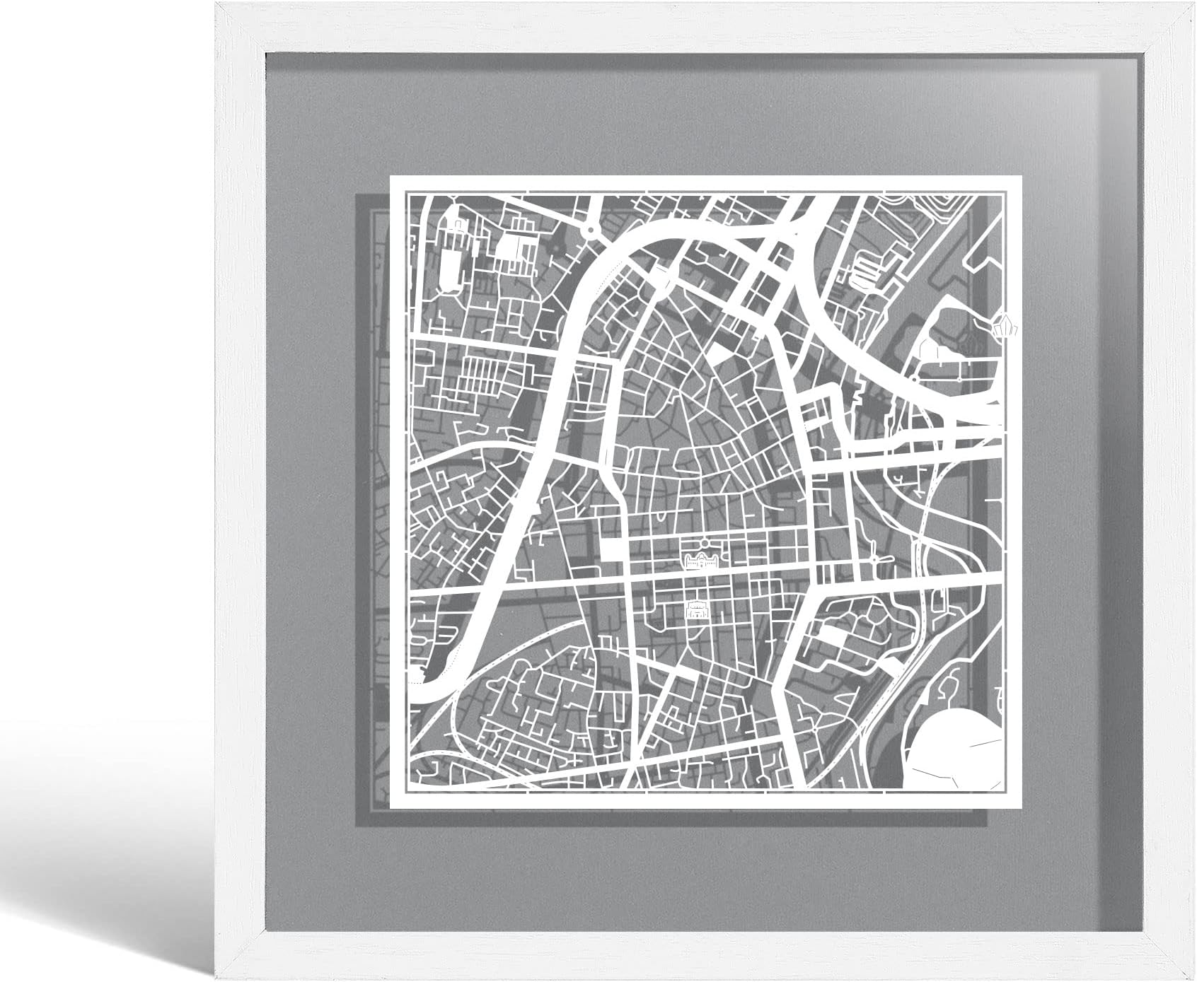 Belfast Paper Cut Map framed by O3 Design Studio, White map, White frame, 23x23 cm, Gift Boxed, 4 background color, self-changing, Paper Art