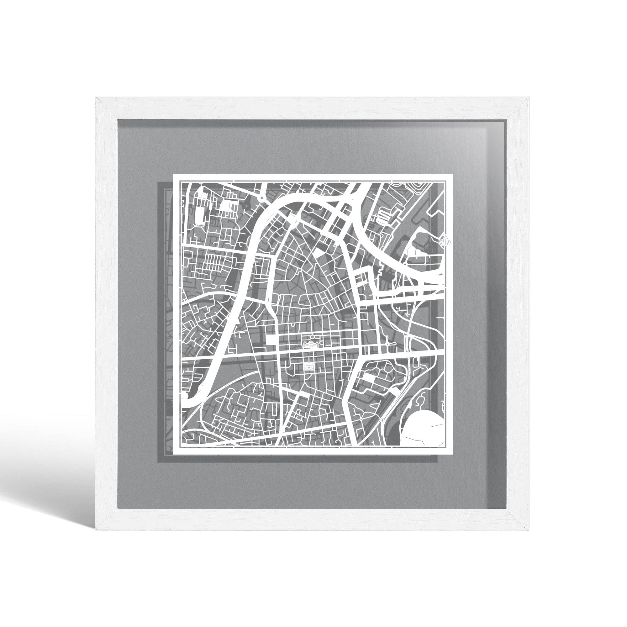 Belfast Paper Cut Map framed by O3 Design Studio, White map, White frame, 23x23 cm, Gift Boxed, 4 background color, self-changing, Paper Art