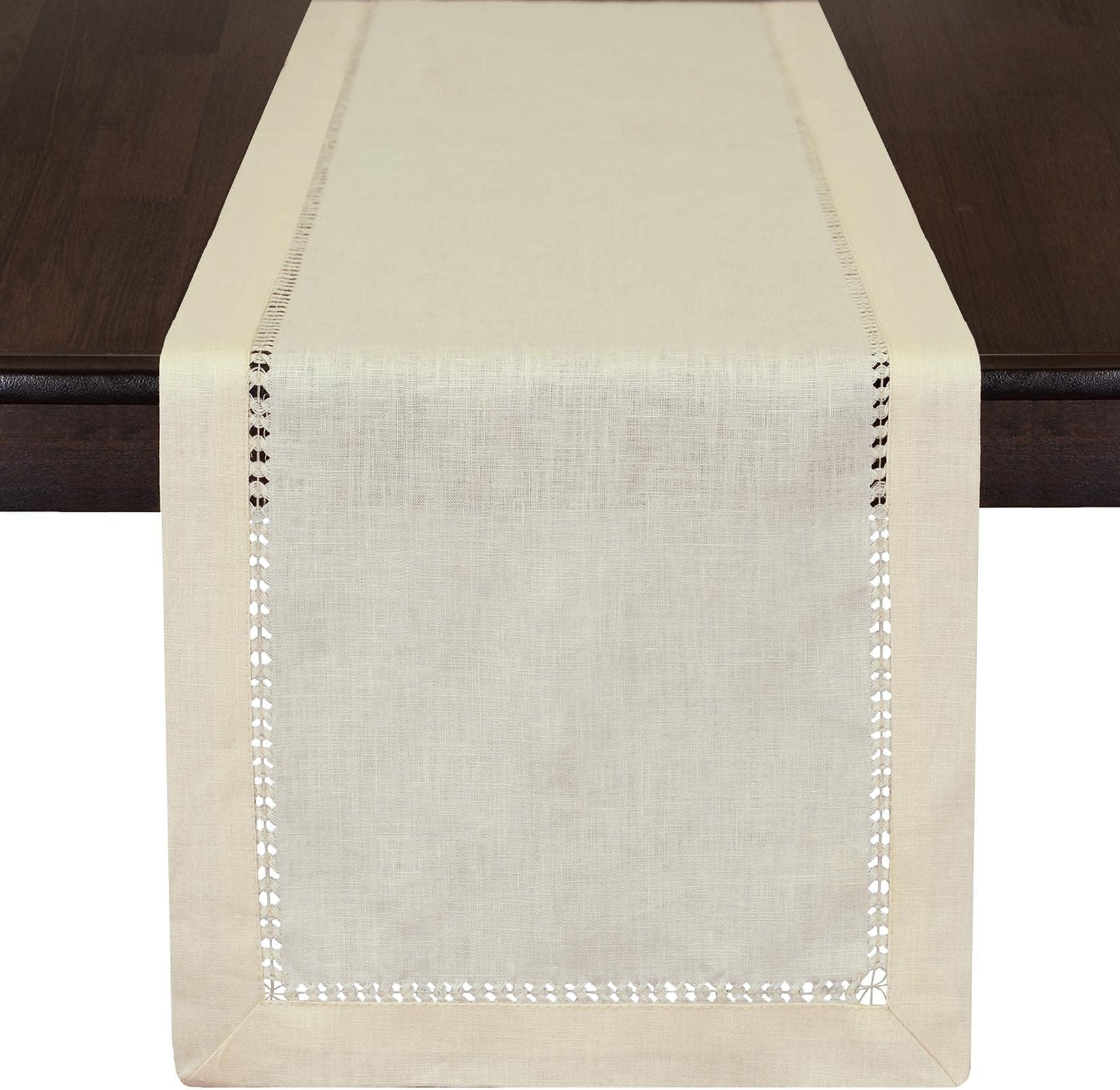GrelucgoFarmhouse Solid Ivory Color Hand Hemstitched Pure Linen Table Runner, 100% European Flax Fabric, 13 x 54 Inch