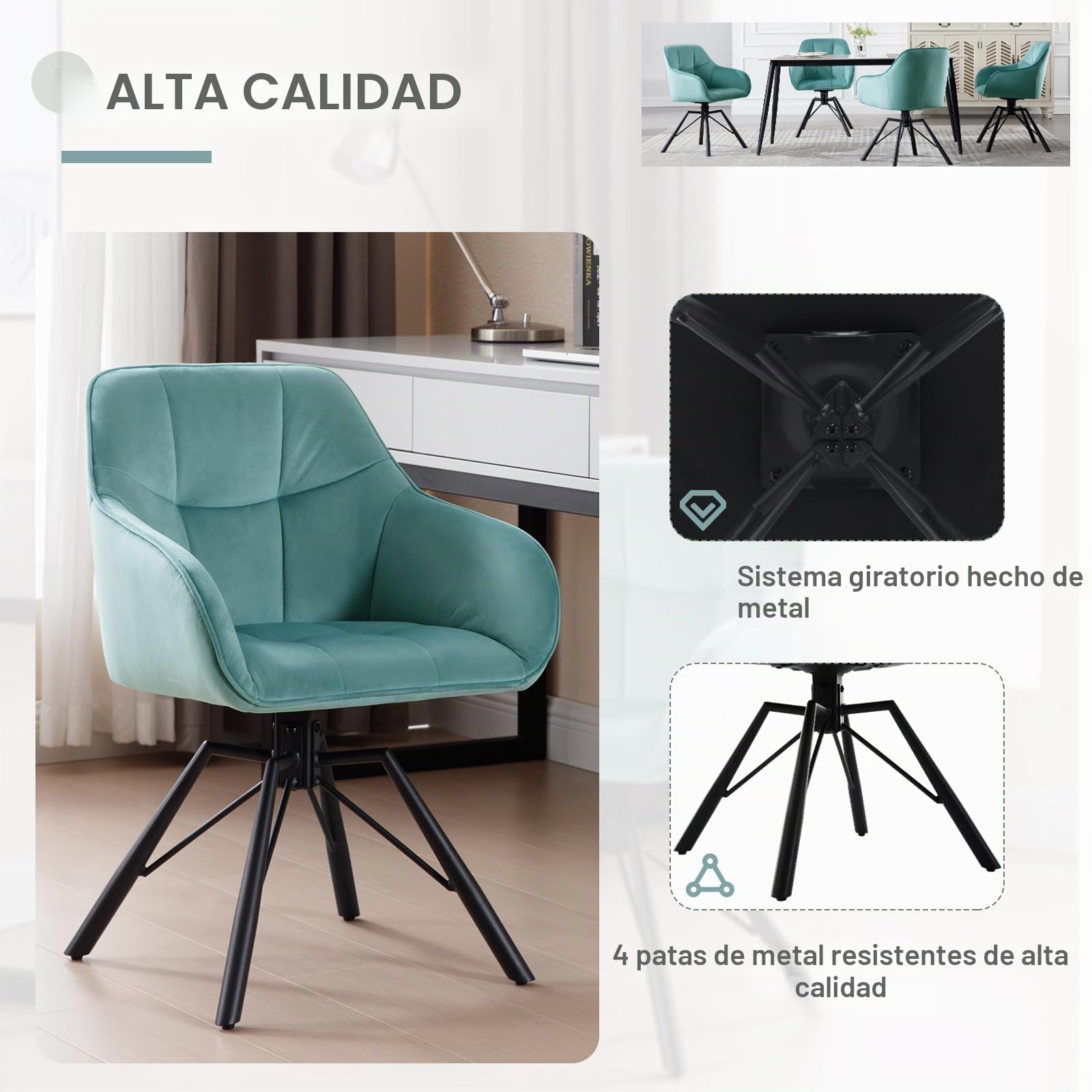 WOLTU Silla de Comedor Giratoria,Terciopelo,Turquesa | Estructura de Patas metálicas,Estilo Moderno. Apta para Cocina,salón,Comedor y Dormitorio