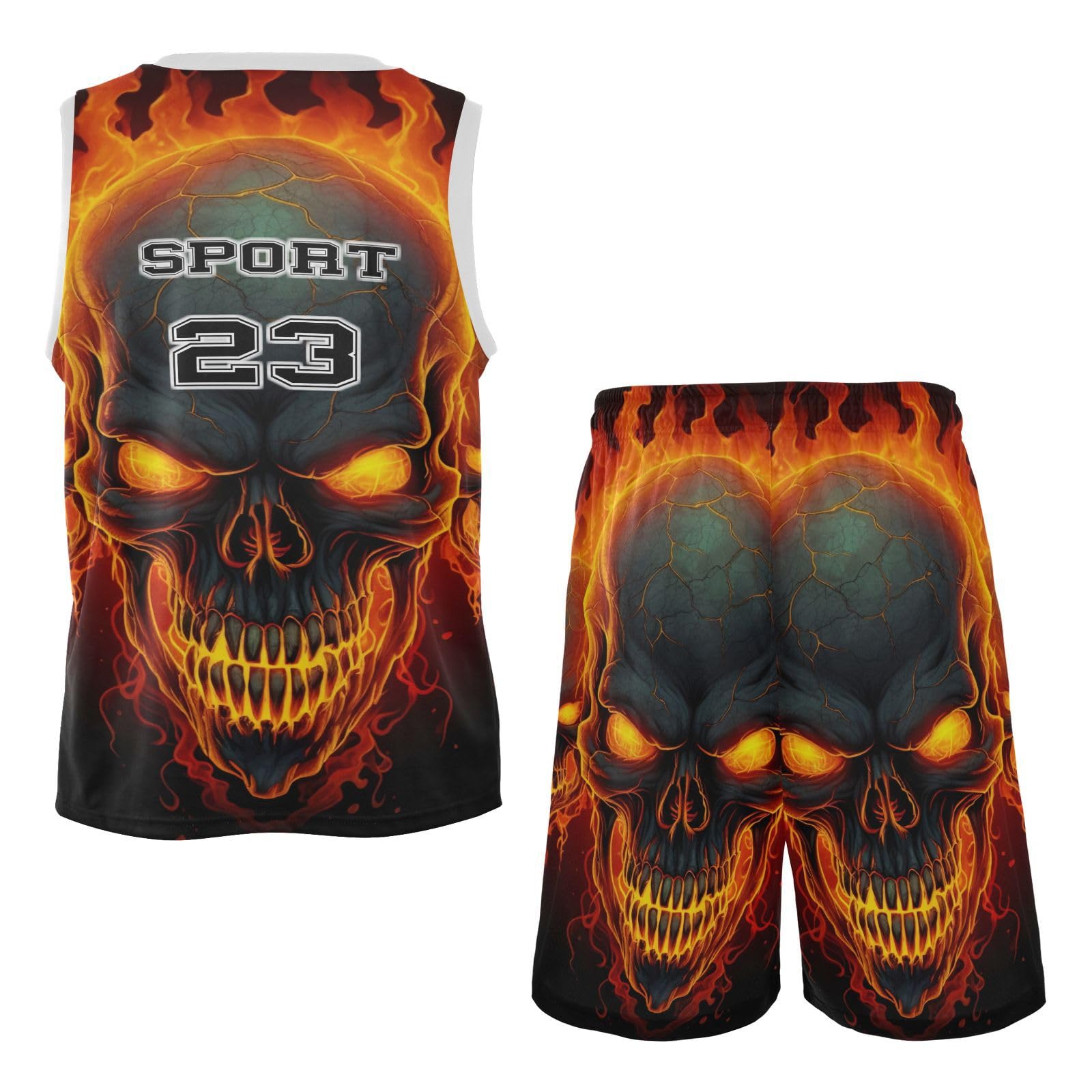 FLildon Fire Skulls Boys Basketball Jersey Set Tank Top Shorts Tracksuit Sport Training Suit for Kids