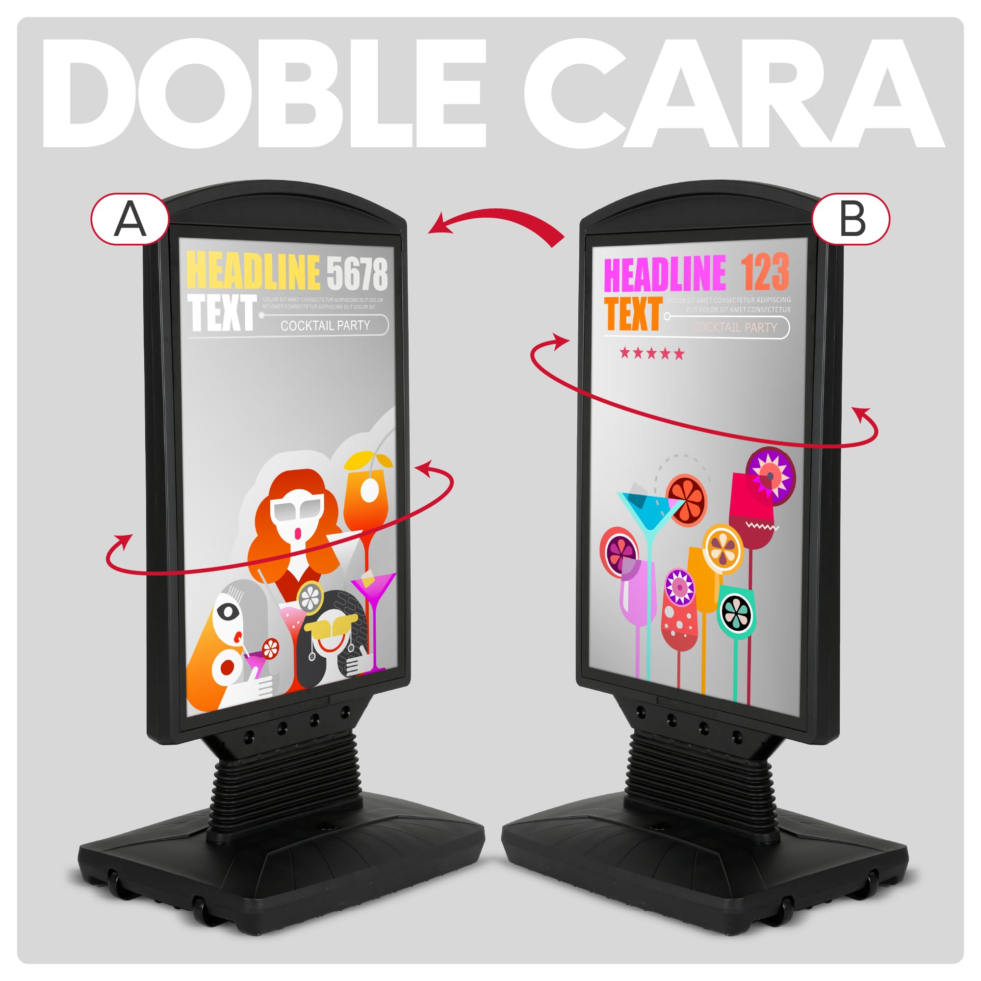 Caballete Publicitario Exterior Dortmund | Expositor Doble Cara Tamaño A1 con Base Rellenable y Ruedas | Soporte para Carteles Resistente al Viento y Agua | Con Protector UV