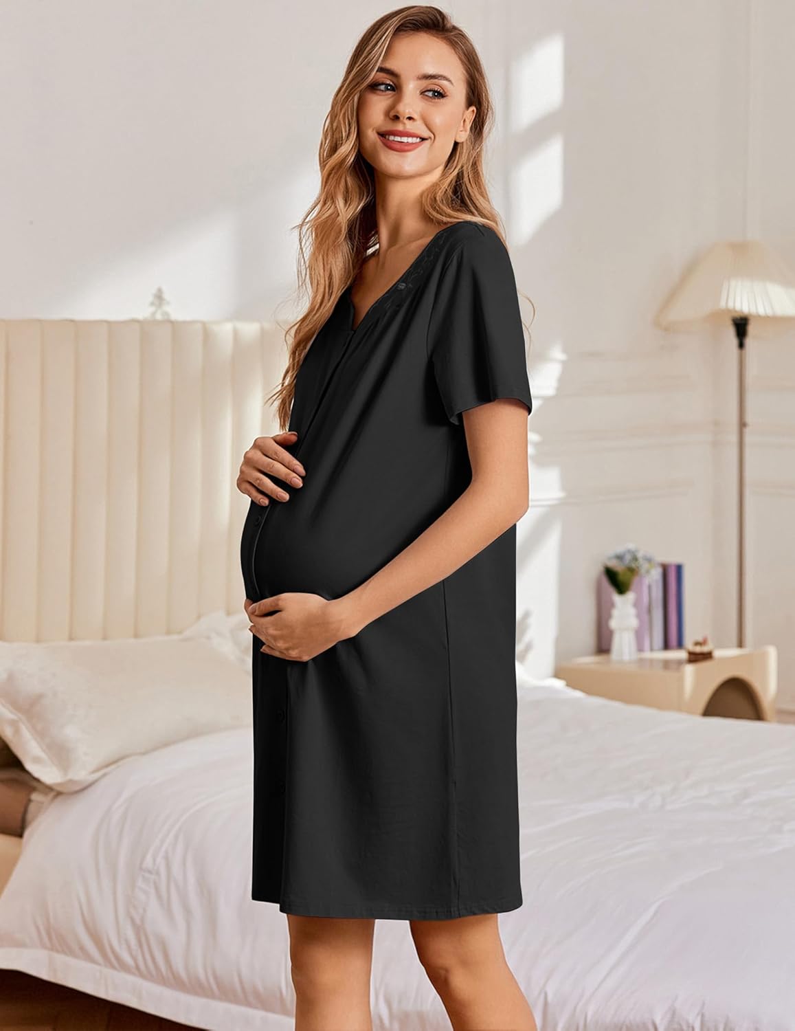 Ekouaer Womens Nightgown Cotton Sleepwear Button Down Sleep Shirt Embroidered Nightshirt Short Sleeve Floral Pajama Dress - Image 4