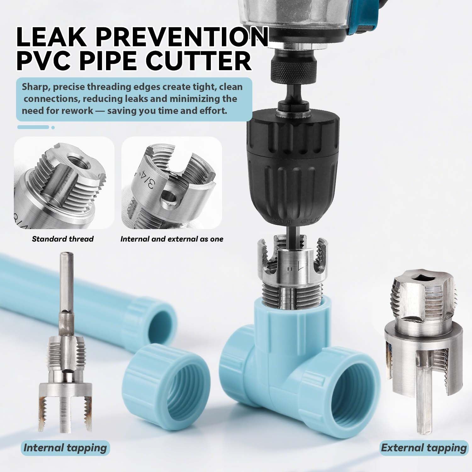 Yakamoz 3Pcs Integrated Internal & External Pipe Threading Tool - 1/2’’ 3/4’’ 1’’ Dual-Function PVC Pipe Threader Set Electric Drill Compatible Water Pipe Thread Cutting Tools Kit for Home Repair