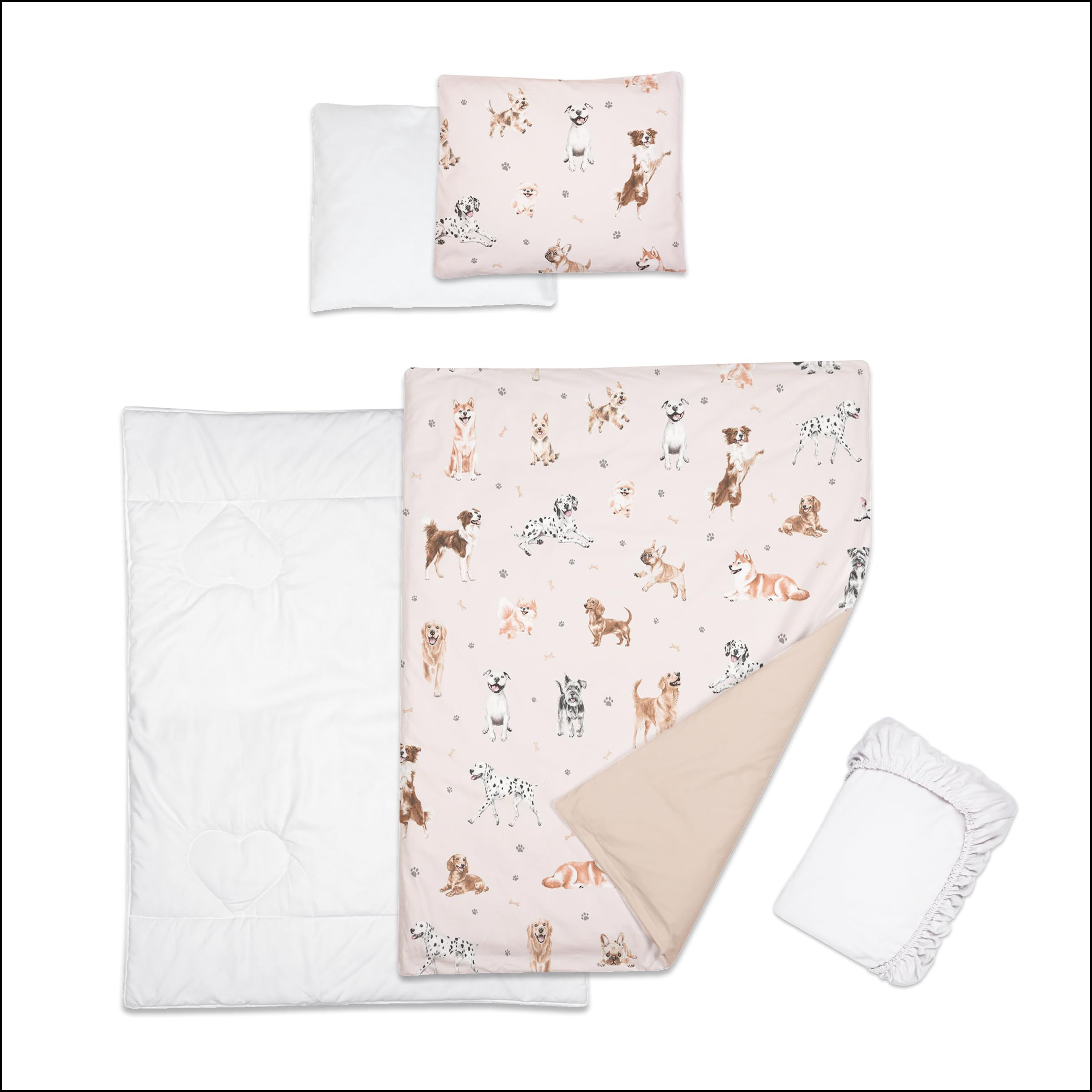 Baby Comfort 5 Piece Toddler Bedding Duvet Pillow with Covers & Jersey Sheet fits 90x55cm Bedside Crib 12M+ (Doggies)