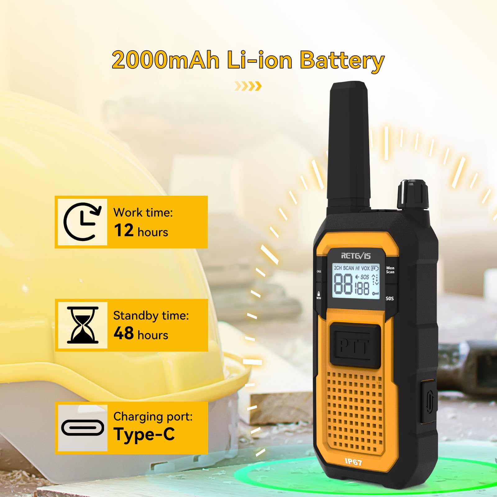 Retevis RB648 Impermeabile Walkie Talkie IP67, Ricetrasmittenti con Caricabatterie a 6 Vie, 2000mAh, Doppio PTT, VOX, Walkie Talkie Robusti per Adulti, Cantieri, Industriali (6 Pezzi, Giallo)