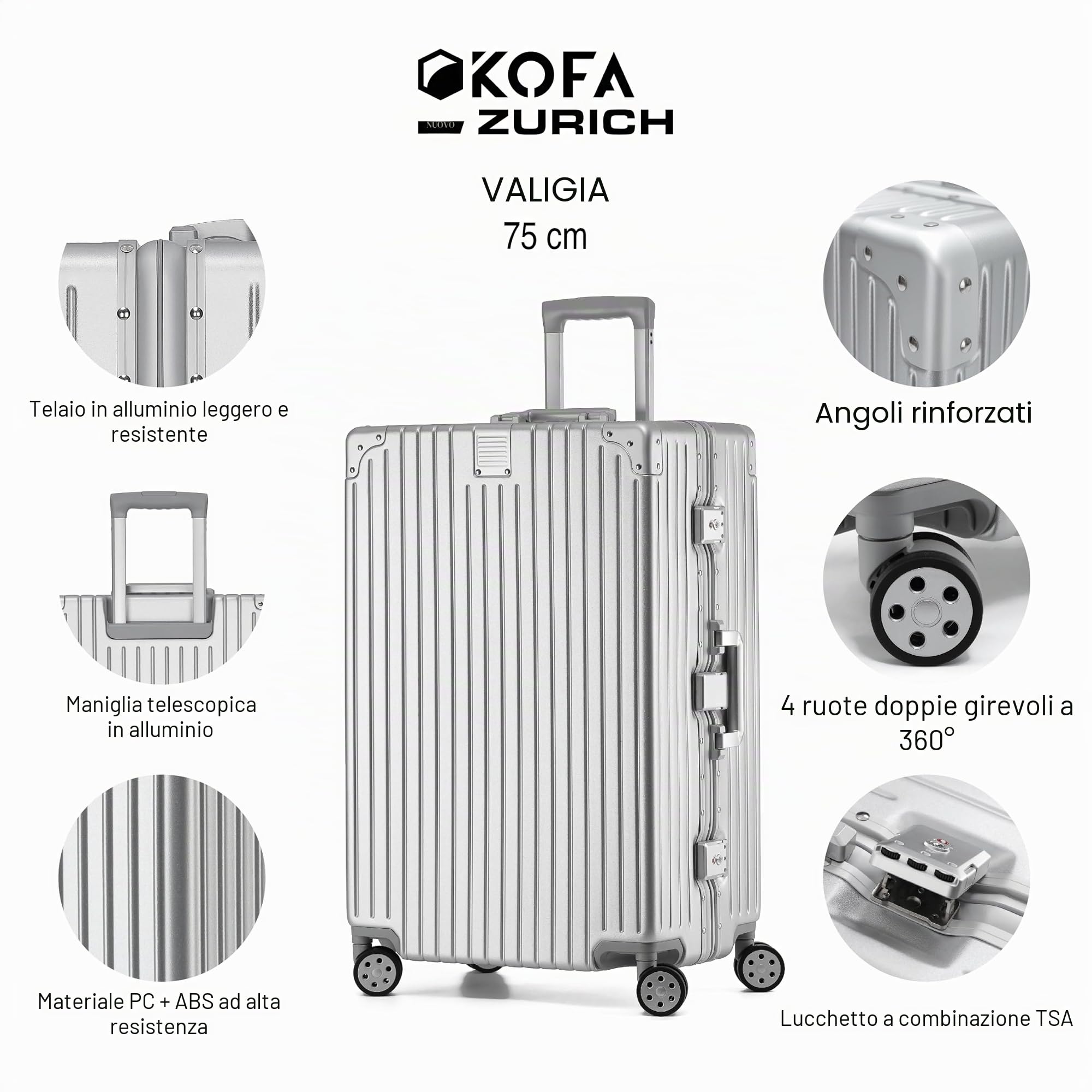 KOFA Zurich - Set di 2 valigie da viaggio con telaio in alluminio e guscio rigido in policarbonato, valigia da viaggio con 4 ruote e doppia serratura TSA, 35 l + 94 l, argento, XL 75.5x48.5x29.5 cm