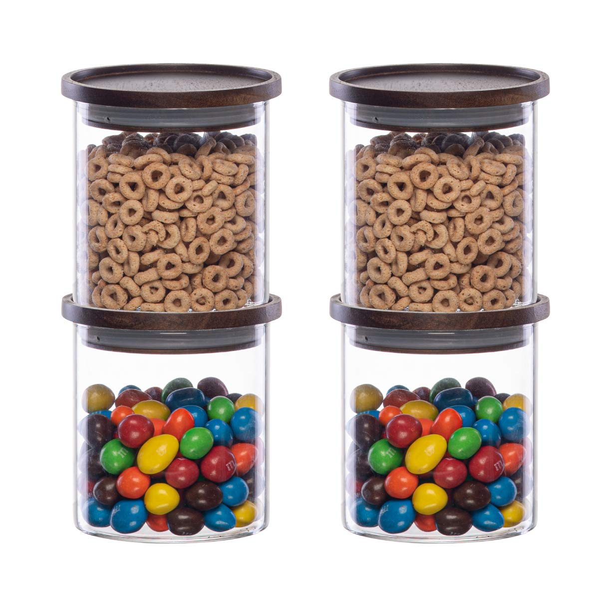 Glass Jars with Wood Lids Set (4) of 18 fl oz Airtight and Stackable Storage Containers for the Kitchen or Pantry Canister Wooden Acacia Lid holds Food Cookies Coffee Pasta