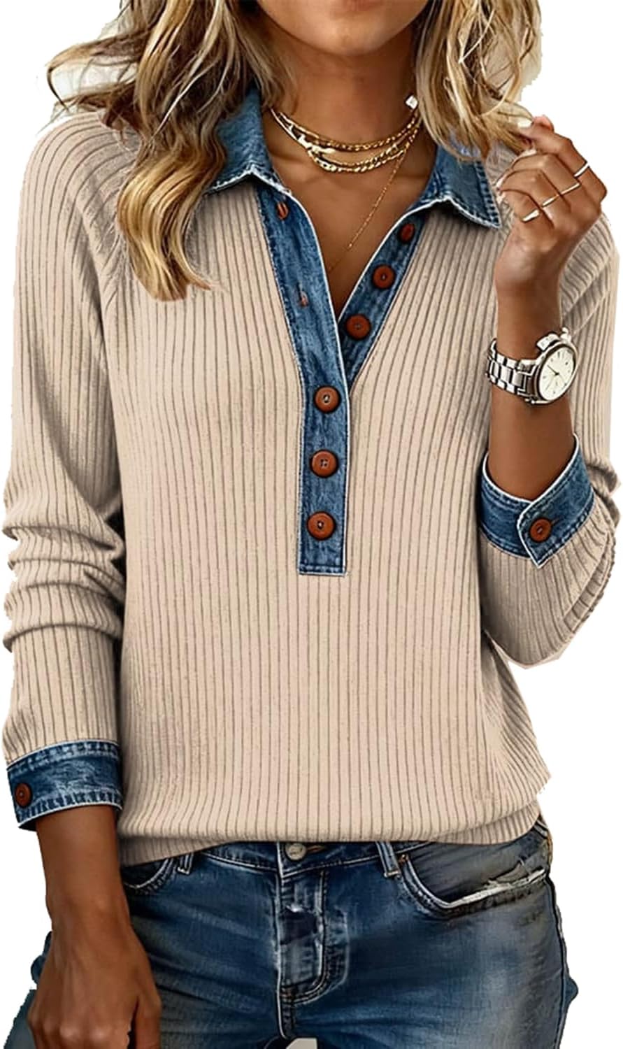Women's Denim Patchwork Sweatshirts, Long Sleeve Denim Lapel V Neck Buttons Closure Pullover Tops,Casual Waffle Knit Top