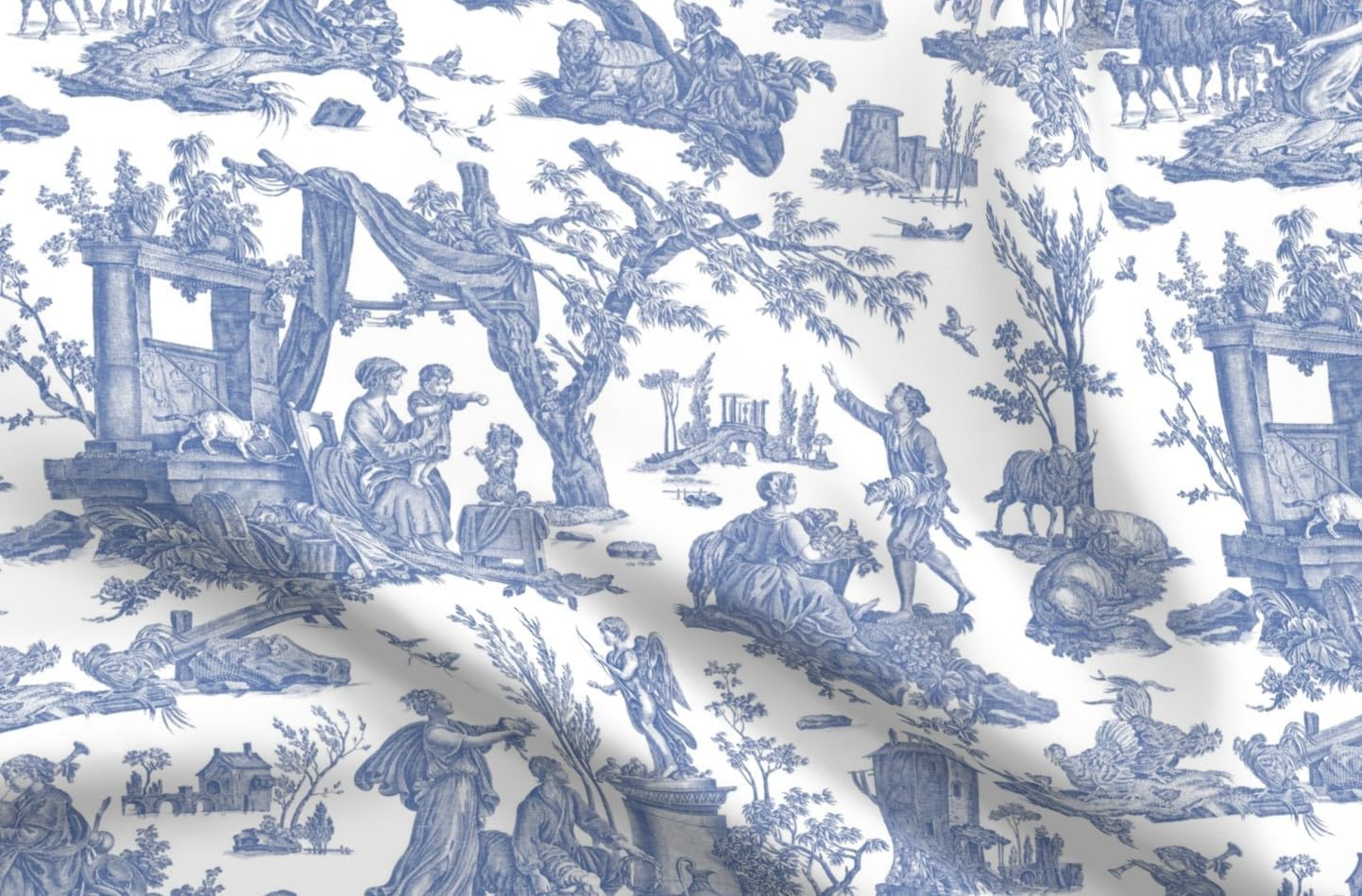 Spoonflower Fabric - Country Toile Blue White De Jouy Victorian Vintage Cottagecore Large Printed on Petal Cotton Fabric Fat Quarter - Sewing Quilting Apparel Crafts Decor
