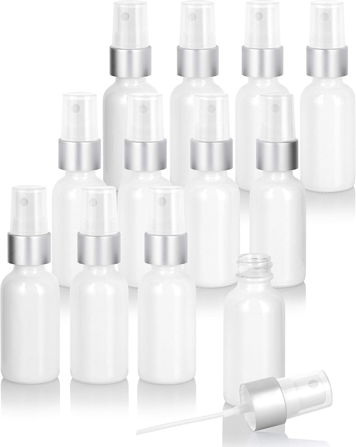 JUVITUS 1 oz / 30 ml High Shine Gloss White Glass Boston Round Bottle with Silver and White Fine Mist Spray (12 Pack)