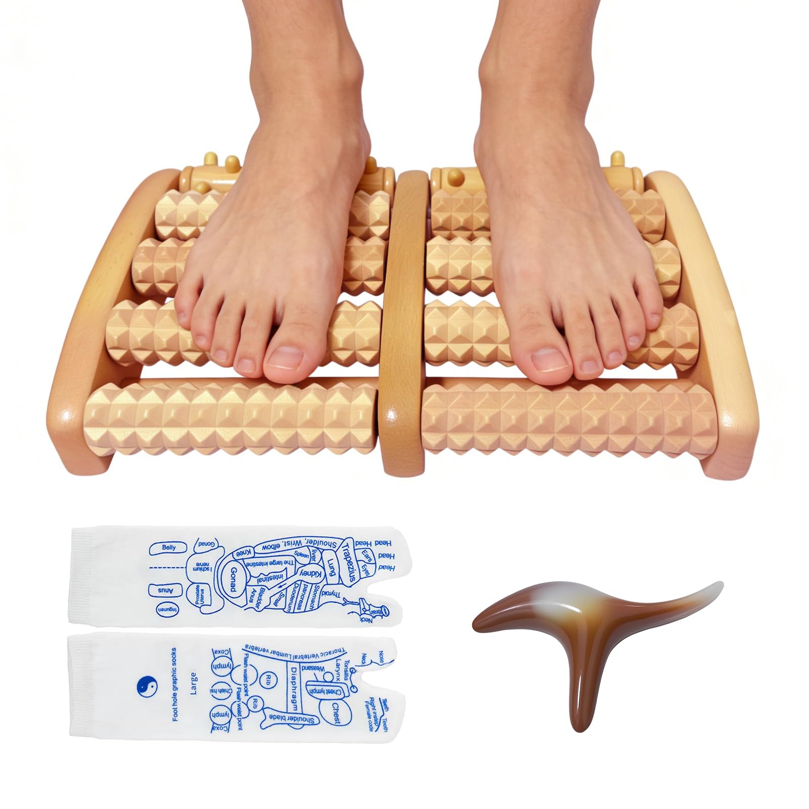 Juego de masajeador de pies de madera, rodillo de masaje de pies con 2 zonas de masaje, zonas reflejas, calcetines de masaje y herramienta de masaje, masaje de pies y circulación sanguÃnea