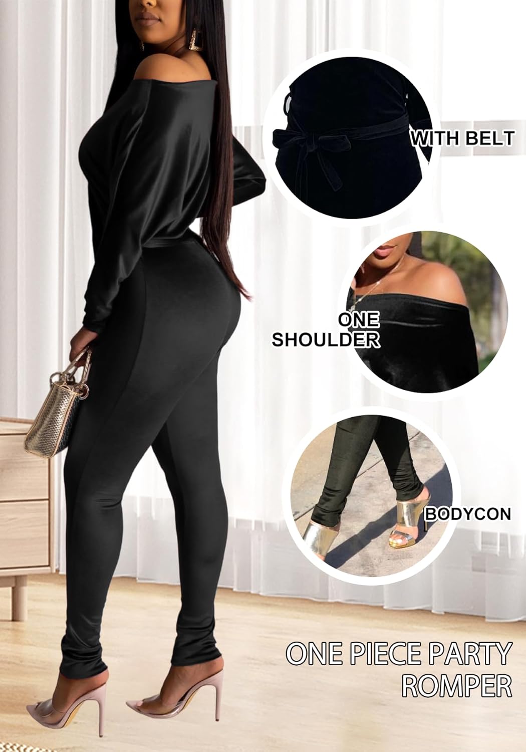 LKOUS Women Velvet Off Shoulder Jumpsuit Long Sleeve Bodycon Pants Suit One Piece Romper Party Clubwear with Belt - Image 2