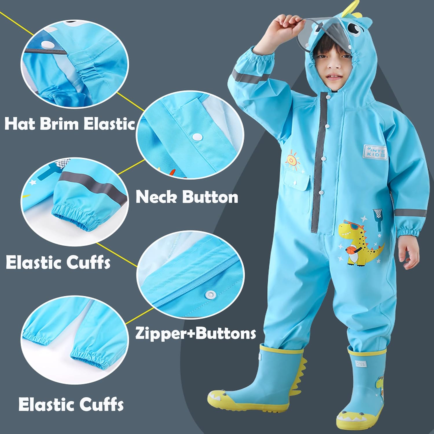 Kids Toddler Boys Girls Rain Suit Waterproof One Piece Coverall S-XL Size 1-6 Years - Image 3