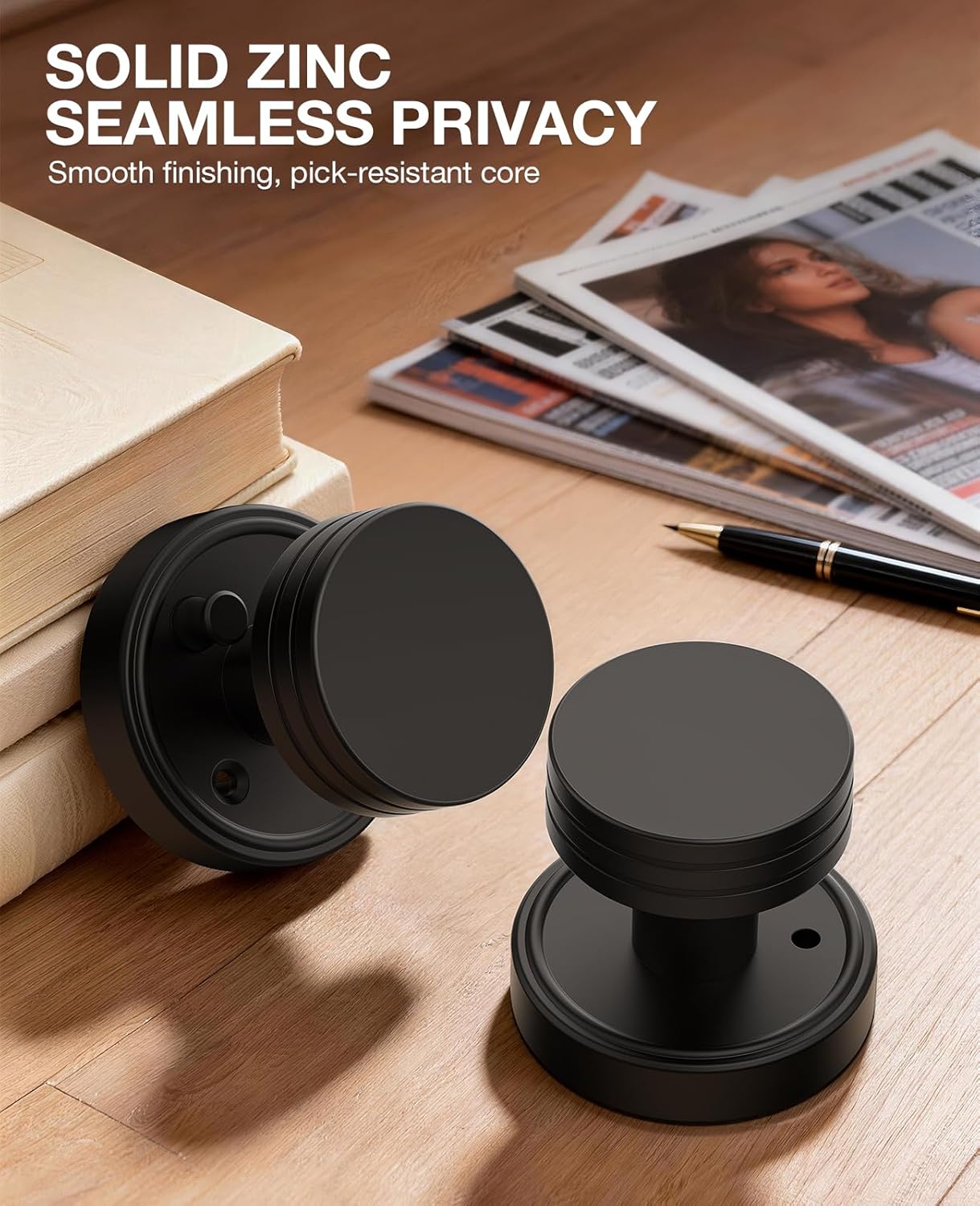 Privacy Matte Black Door Knobs Heavy Duty Zinc Alloy Round Interior Door Knobs with Lock,for Bathroom & Bedroom, Modern Vintage Privacy Lockset with Emergency Release,1 Pack