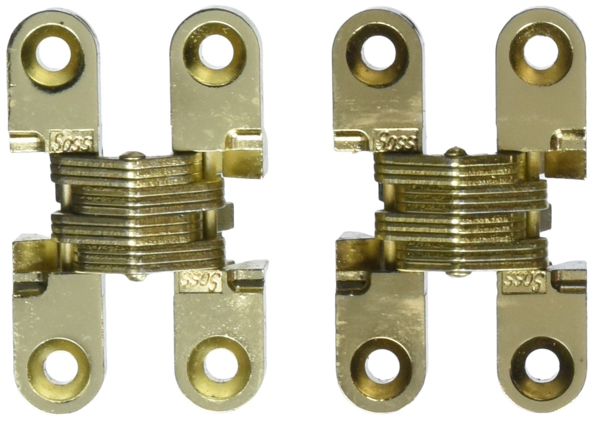 SOSS - 101CUS3 Mortise Mount Invisible Hinges with 4 Holes, Zinc, Bright Brass Finish, 1-11/16" Leaf Height, 3/8" Leaf Width, 29/64" Leaf Thickness, #5x3/4" Wood Screw Size (Pack of 2)