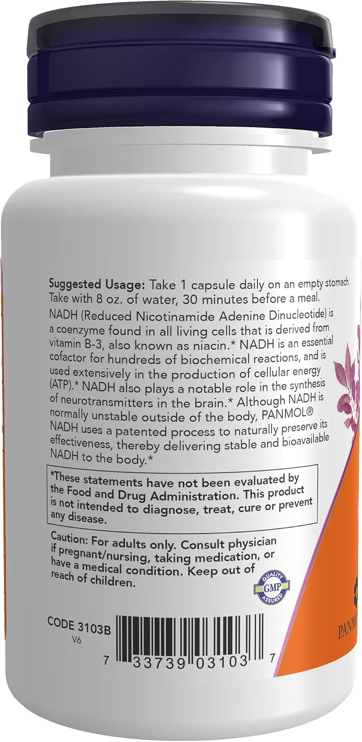 NOW Supplements, NADH (Reduced Nicotinamide Adenine Dinucleotide) 10 mg with 200 mg D-Ribose, 60 Veg Capsules