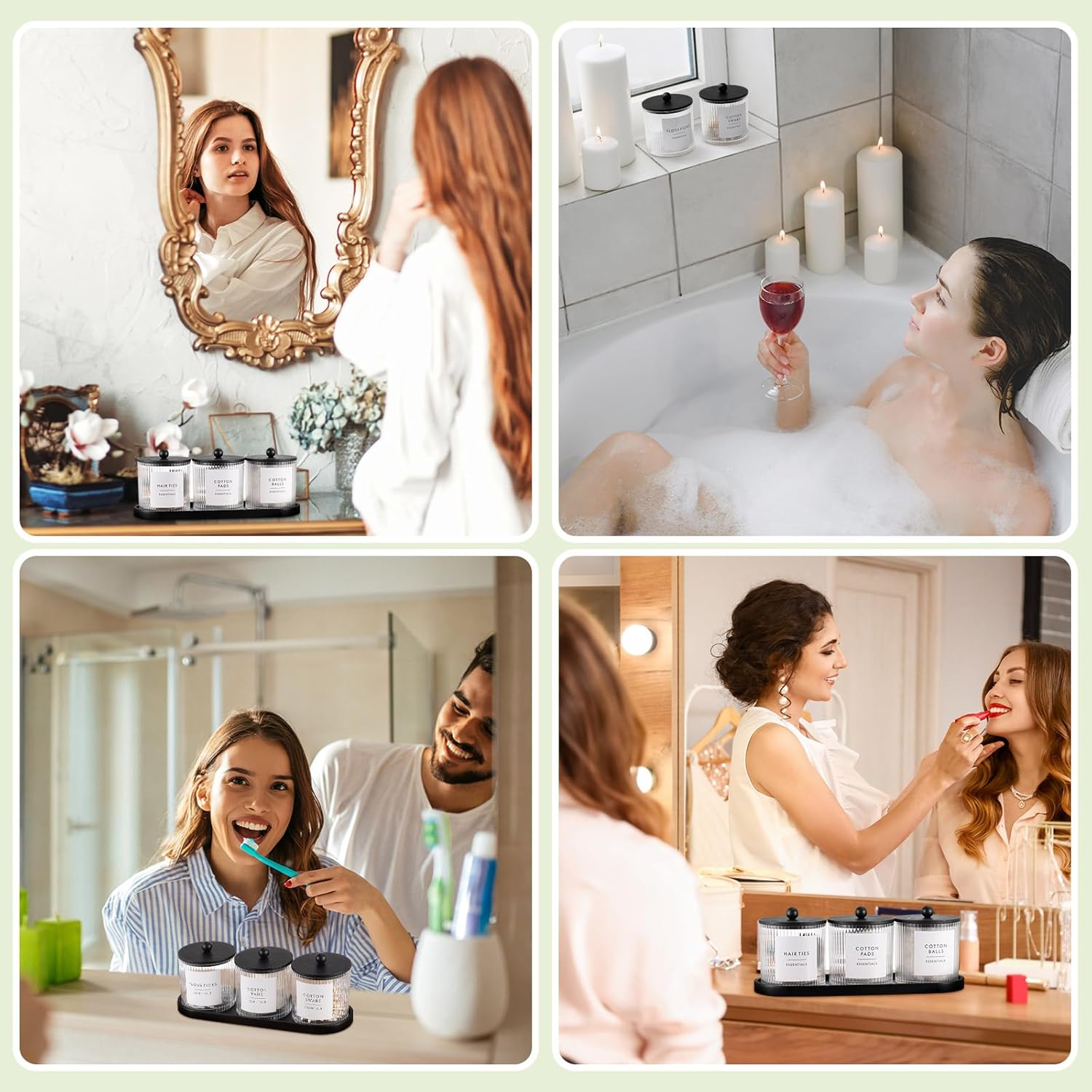 Vesici 6 Pack Bathroom Canisters Ribbed Apothecary Jars with Bamboo Lids 2 Bamboo Trays and 9 Label Stickers Cotton Swabs Holder Bathroom Organizer Storage Set Acrylic 18 oz Dispenser Container(Black)