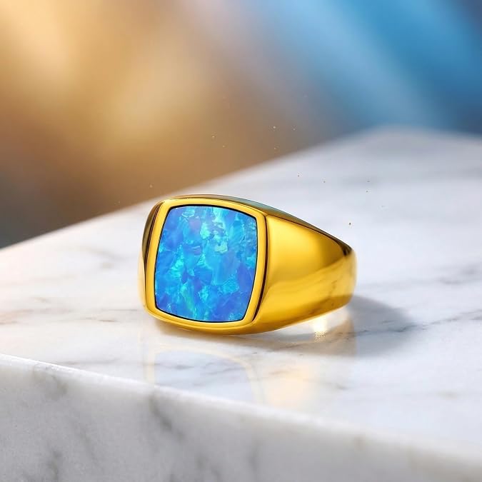 Rectangle Shape Gemstone Men Signet Rings, Personalized Custom Men's Ring in 925 Sterling Silver/10K/14K/18K Solid Gold, Tiger eye/Turquoise/Black Onyx Gemstone, Men's Jewelry for Birthday Anniversary Christmas