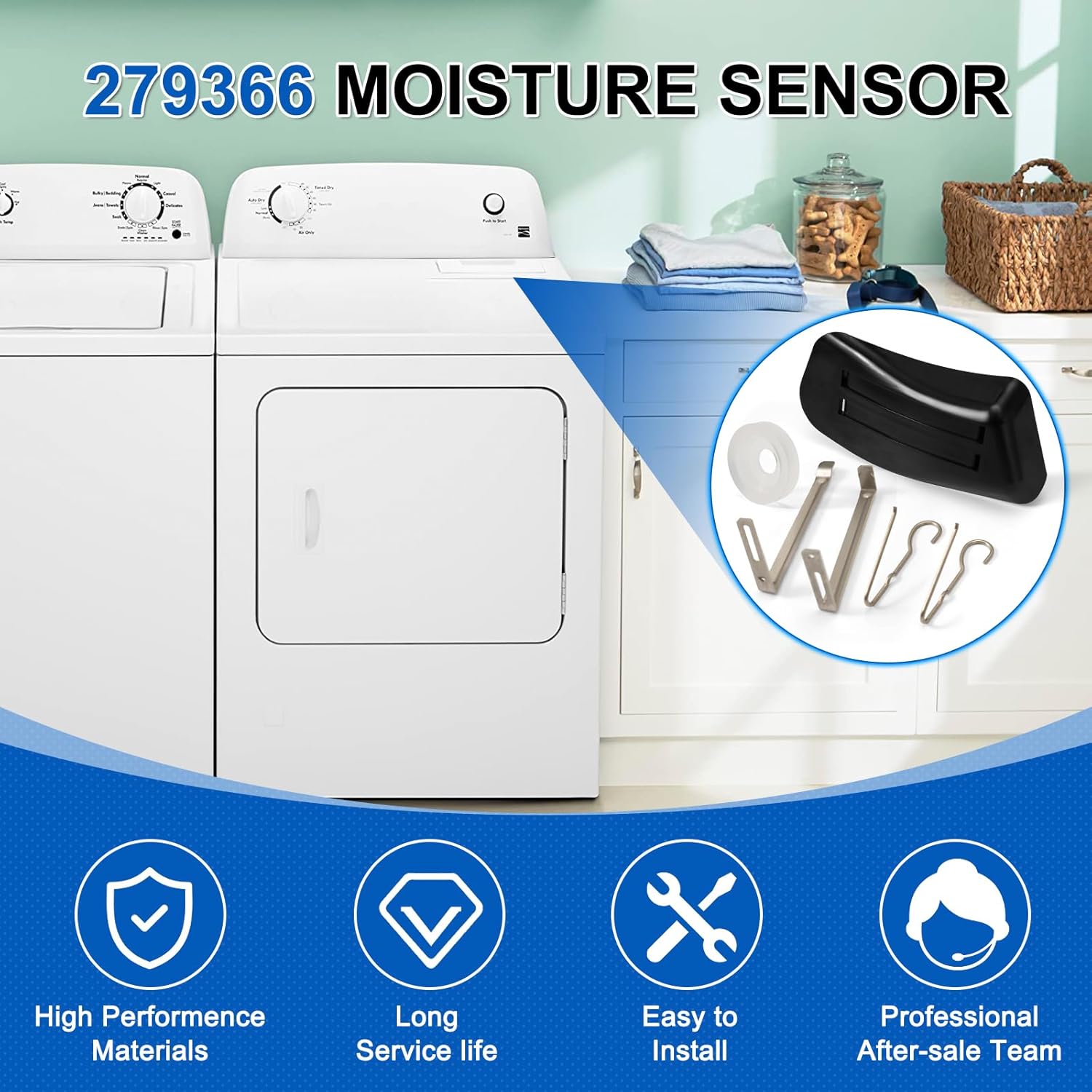 279366 Dryer Moisture Sensor Compatible with Whirlpool Kenmore Dryer 8LDR3822DZ0 10686294140 7MMEDC300DW, Dryer Humidity Sensor Replace 348861 469522 AP3094143 AH334186 EA334186 PS334186