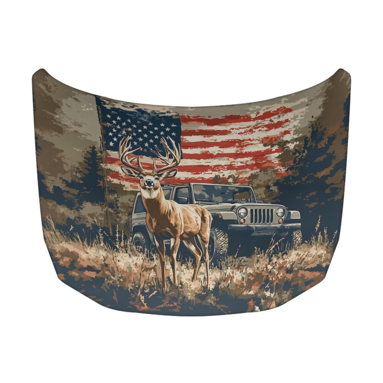 American Flag Deer Car Hood Cover Protector 59×39 Inch Waterproof Sun Proof Car Hood Wrap Blankets Automotive Exterior Accessories for Most SUV Sedans Trucks Pickup