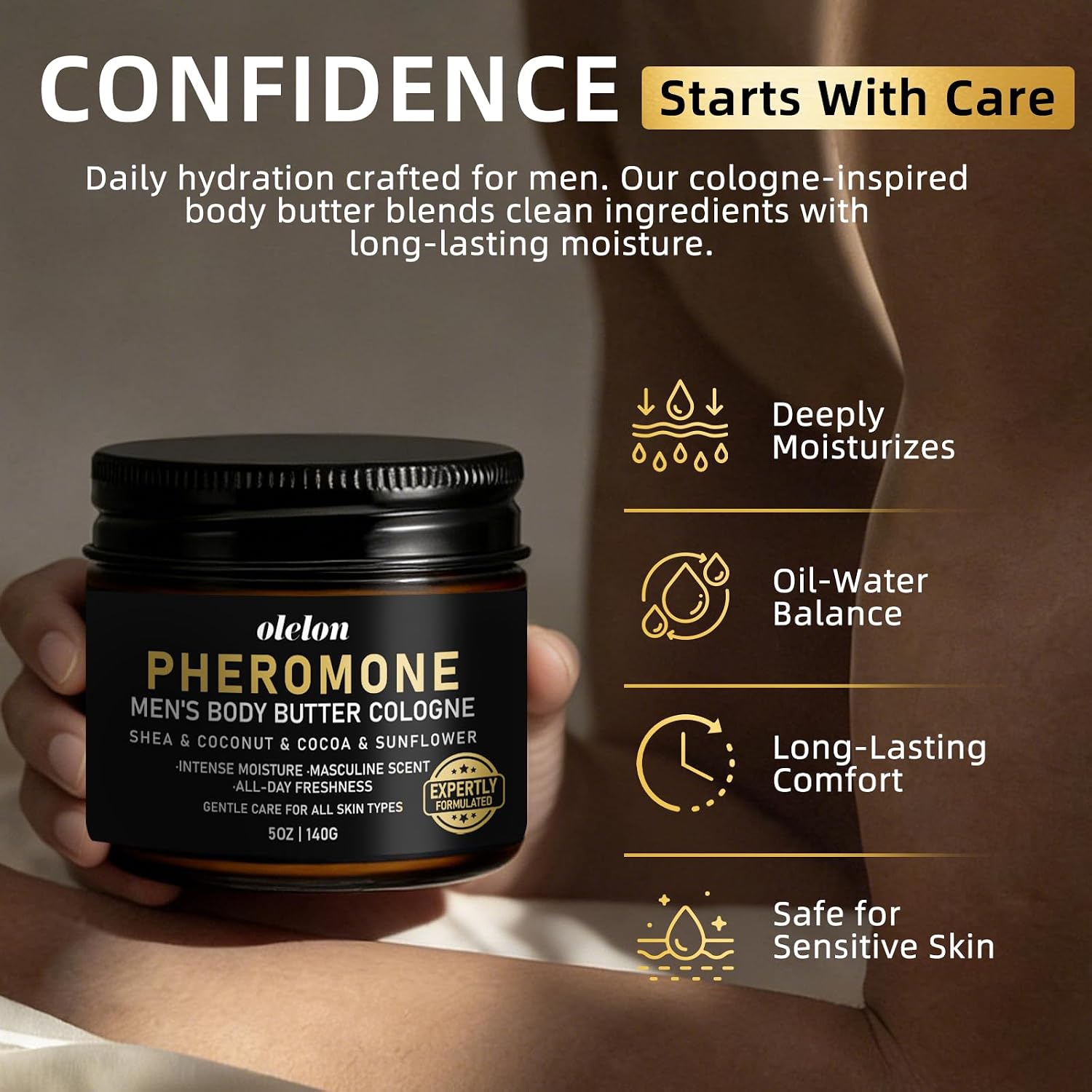 OLELON Pheromone Body Butter for Men, Cologned Body Skin Cream with Shea & Cocoa & Coconut & Sunflower, Long-Lasting Refresh, Deep Hydration, Non-Greasy, Alcohol-Free, All-Day Fragrance