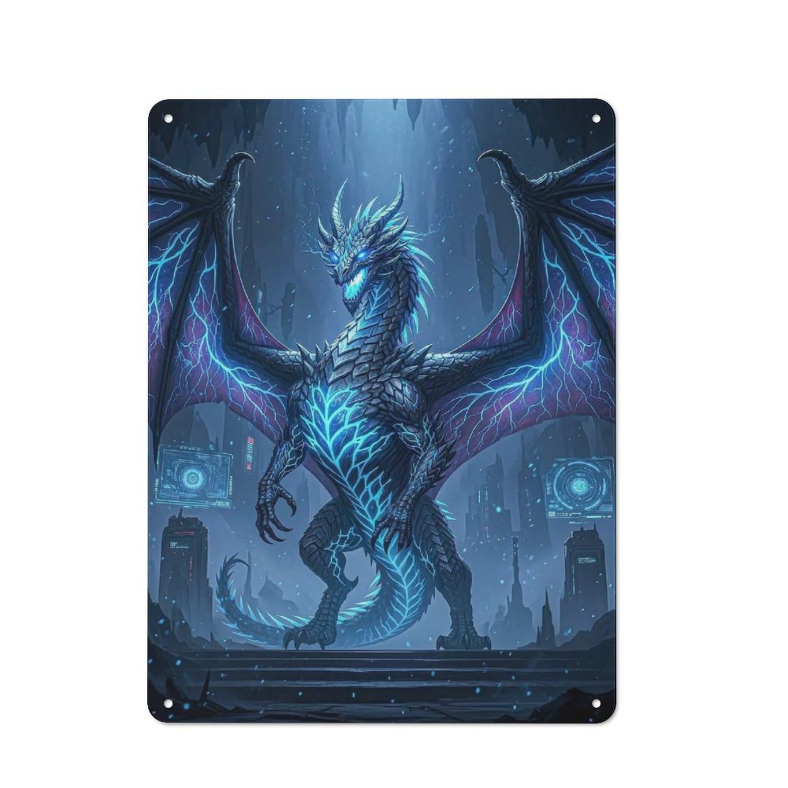 Junmoney Style-22 Retro Metal Wall Sign 40X30cm Featuring Dragon With Neon Accents For Garage Wall, For Garage, Workshop And Man Cave Decoration