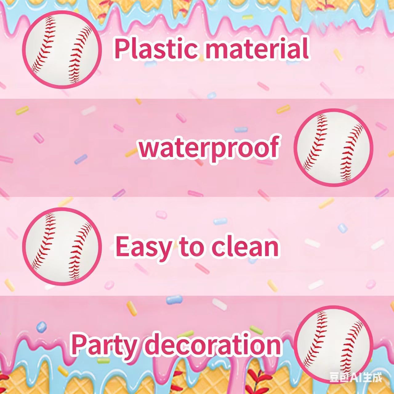 2 Pieces Ice Cream Drip Baseball Party Tablecloth, Plastic Cute Birthday Tablecloth, 54 x 108 Inch Disposable Table Cover for Girls Birthday Party, Summer Picnic, Sports Themed Decorations