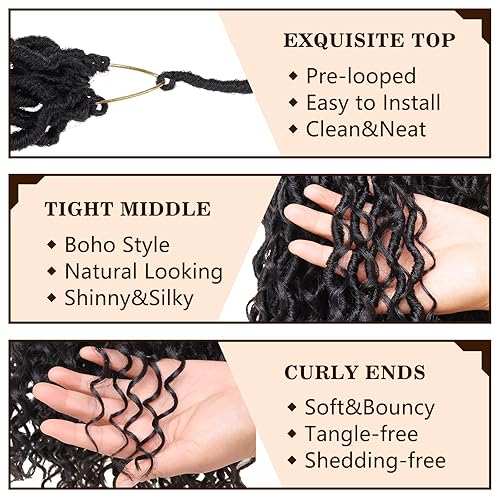 Miniatura 3 de COOKOO 14 pulgadas, 8 piezas de cabello de ganchillo Goddess Locs en total 112 hebras de pelo sintético negro natural de ganchillo de río hippie