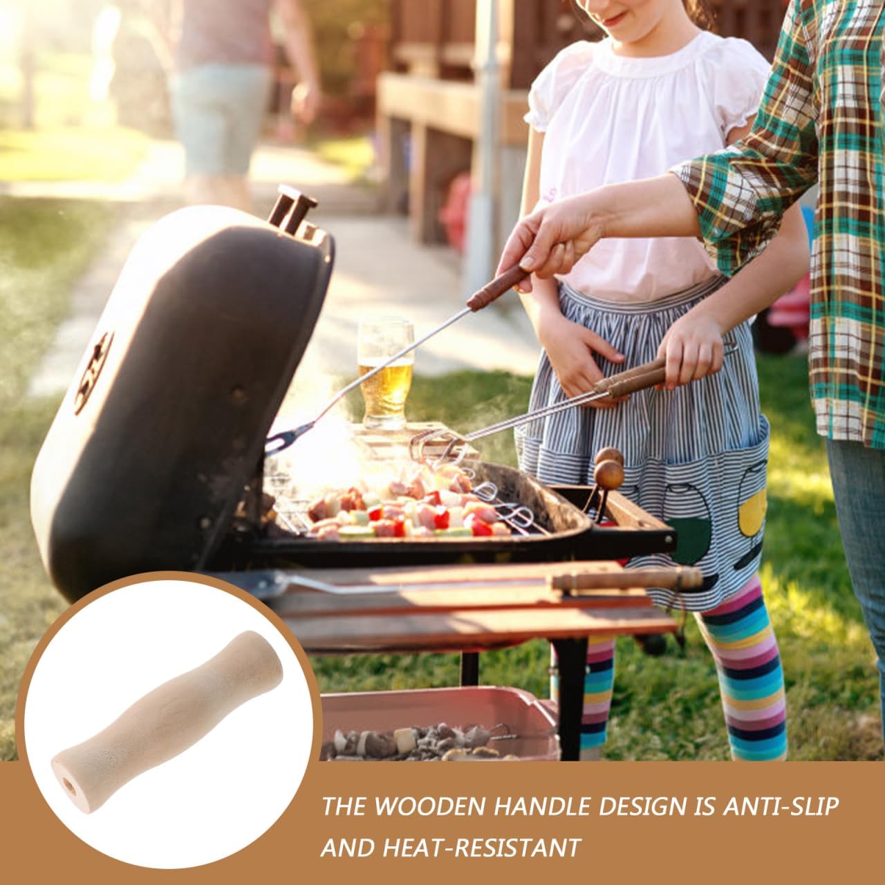 BBQ Utensils Wood Handles Set with Single Hole Grip for Easy Carrying Heat-Resistant Kitchen Grill Tools Outdoor Cooking Camping 4.33X1.18In 4-Pack