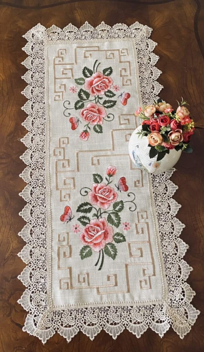 AMT Vintage Venice Lace with Floral Cross Stitch Embroidered Linen Table Runner/Dresser Scarf -Beige (Beige, 16 x 70 OB.)