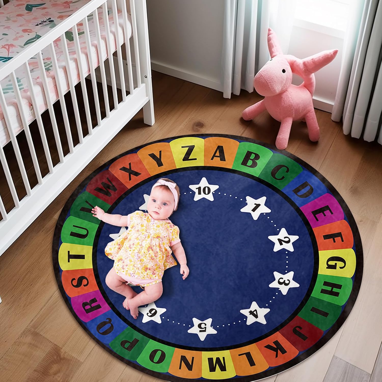 ABC Nursery Rug Round Rainbow ABC Educational Rug for Baby Boys Girls Toddlers Kids, Soft Activity Crawling Play Mat Area Rugs for Bedroom Playroom Navy(3.3ft/40)