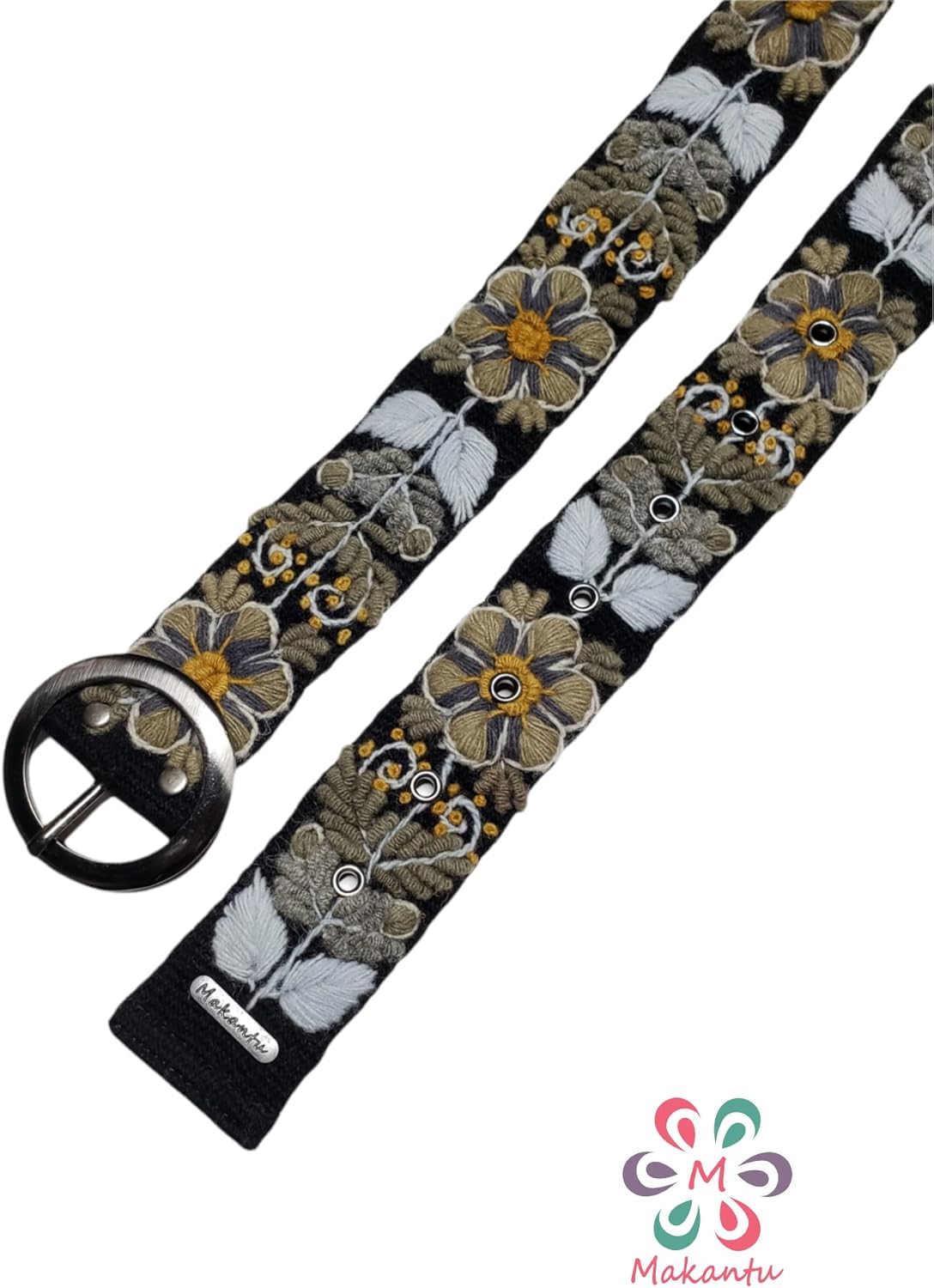 Black belt with greyish greenish flowers, peruvian embroidered strap handwoven, handmade embroidery, black strap, grey beige flower, artistic floral ethnic belt, woman gift, XS, S, M, L, XL