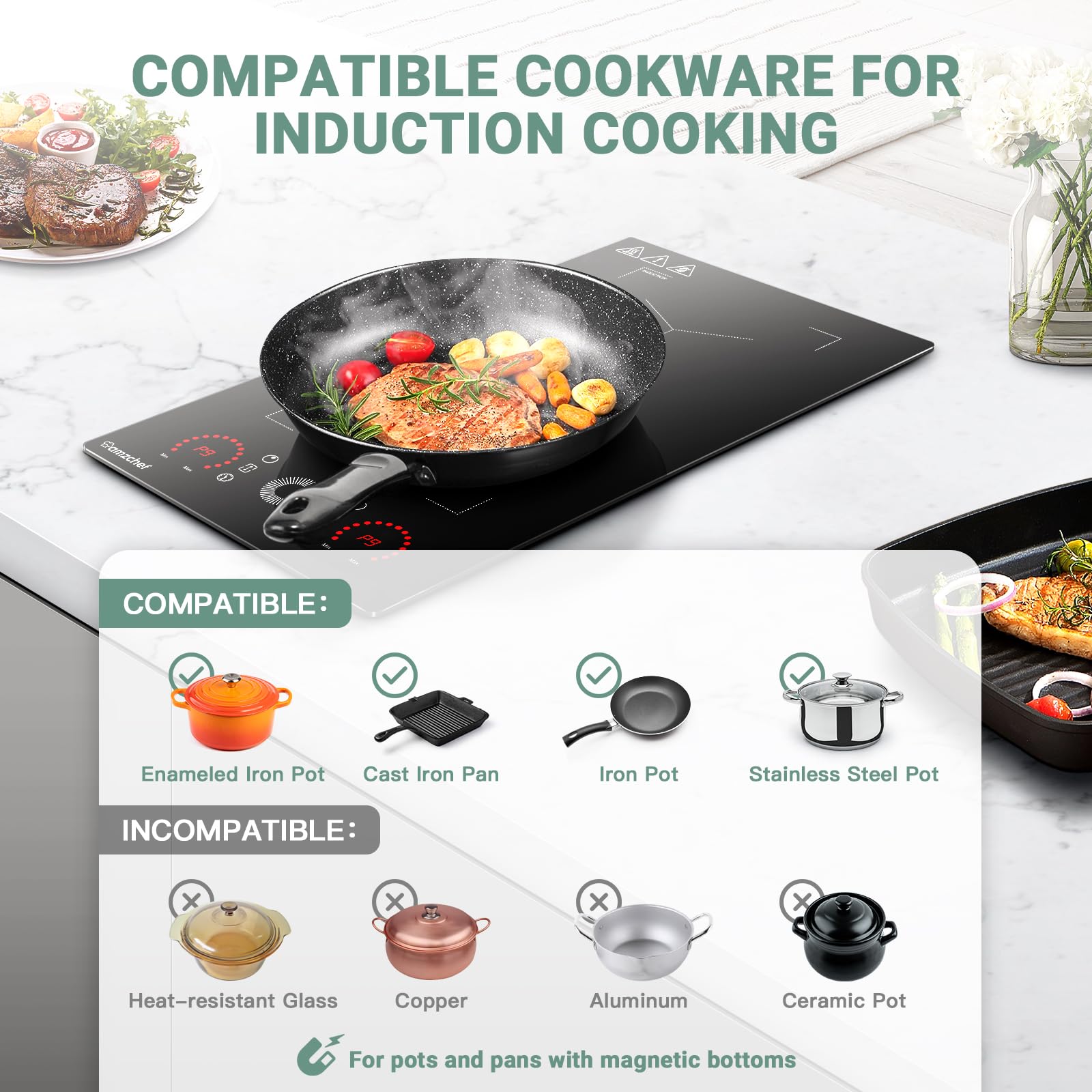 AMZCHEF Piastra a Induzione 2 Fuochi, Piano Cottura Induzione con Flex zone con 9 Livelli di Potenza, Riscaldamento Intermittente, Serrature di sicurezza e timer,Controllo Touch Slide,3300W,Nero