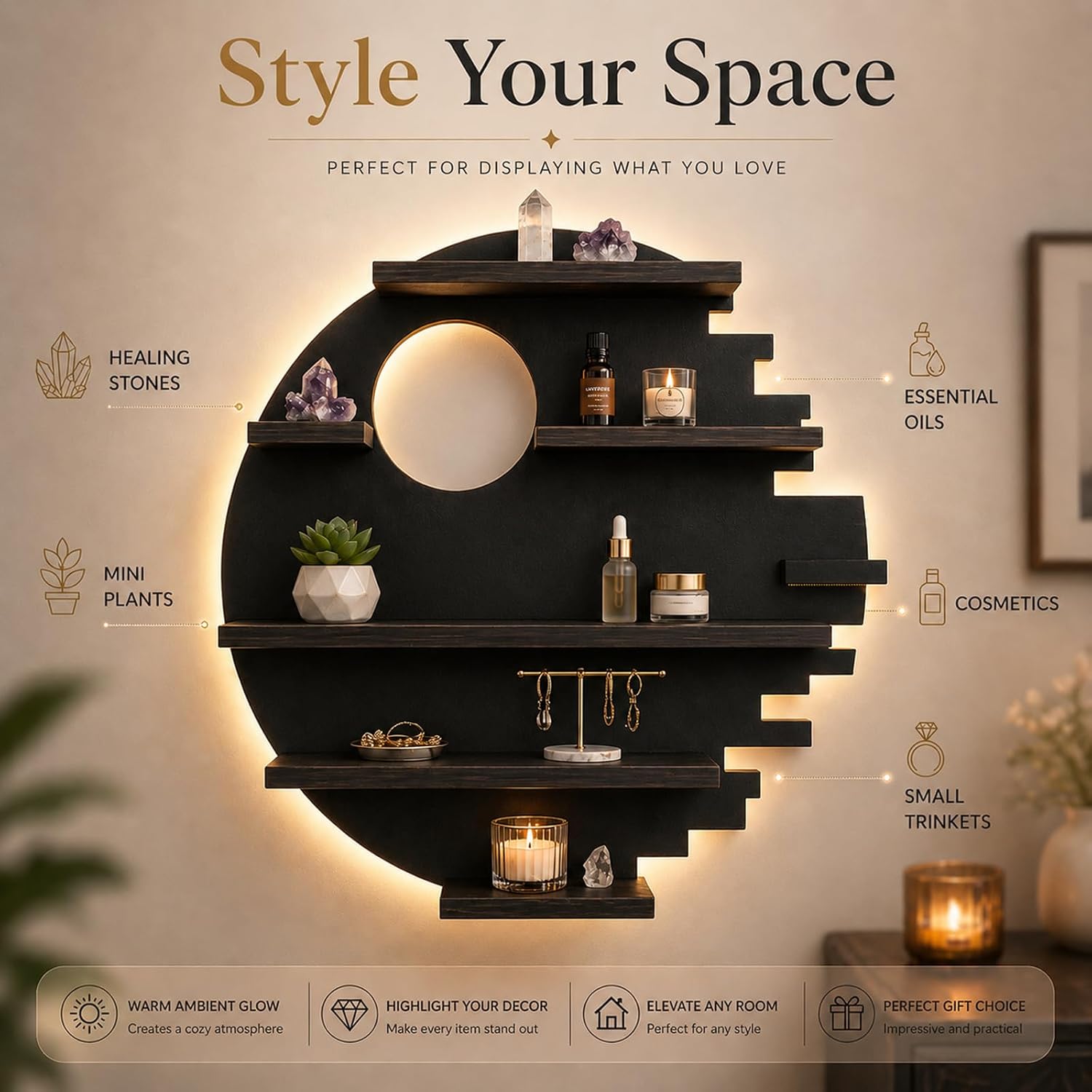 Crystal Display Shelf with LED Light Moon Wall Shelf for Crystals, Gothic Room Decor,Gift for Crystal Lovers Women Birthday Christmas (Crescent Moon-30 * 30cm/11.7 * 11.7inch)