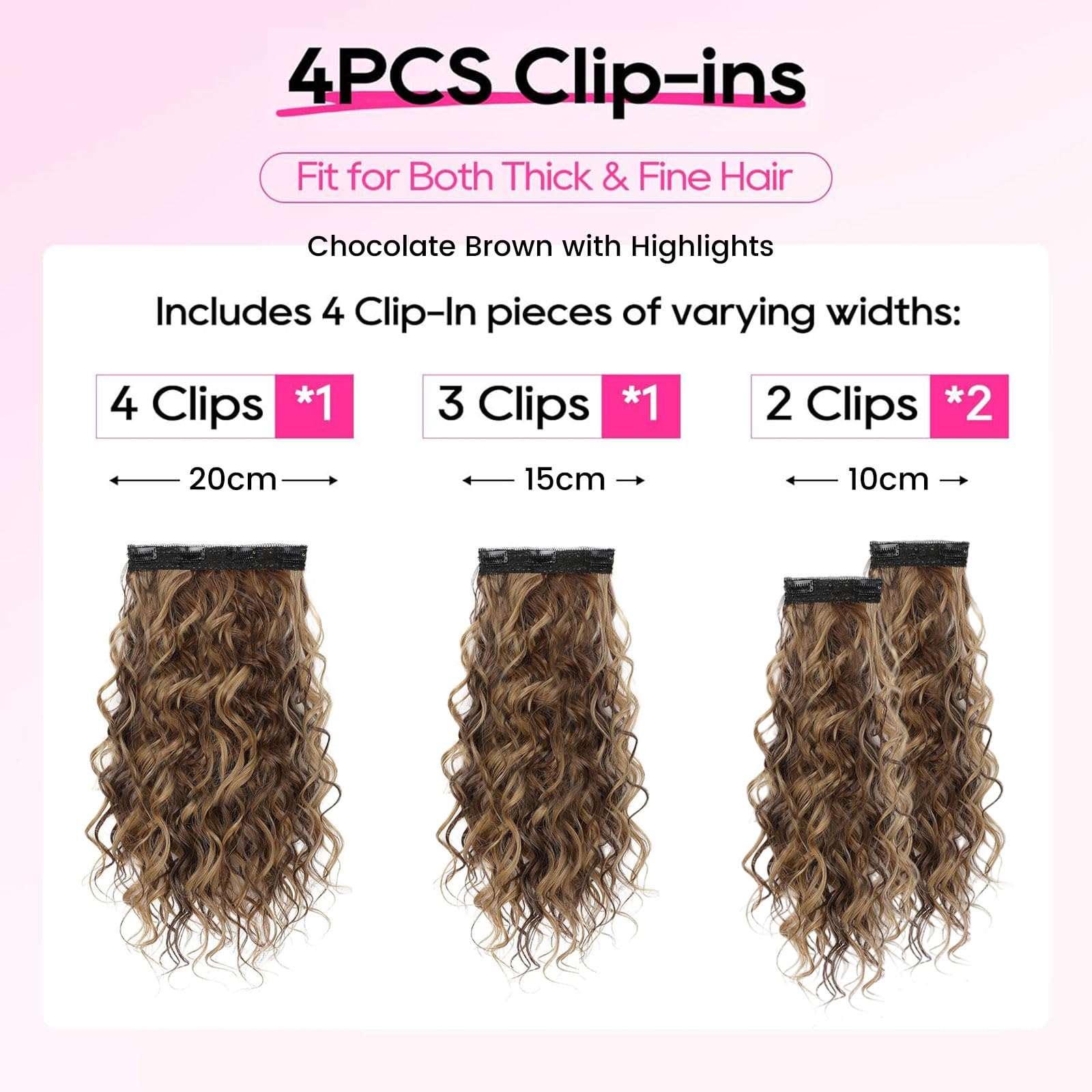 LunarCharm extensiones de cabello rizado de 4 piezas, 40 cm extensiones de cabello con clip, cortas invisibles naturales para mujeres, marrón chocolate con reflejos