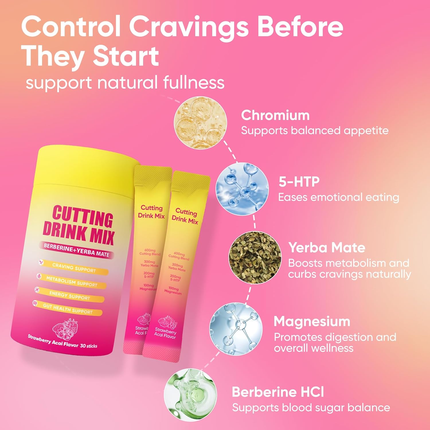 Cutting Drink Mix with Berberine, Chromium, 5-HTP, Yerba Mate & Magnesium - Dual-Action Craving & Gut Health | Strawberry Acai Flavor,Vegan, Sugar-Free, Non-GMO, 30 Packs
