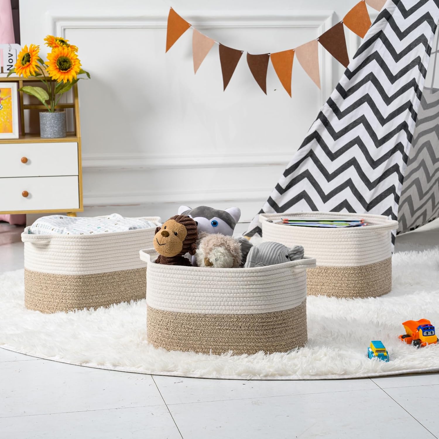 DUHEL Cotton Rope Woven Storage Basket, Used for Baby Hamper Toy Organizer, Gift Baskets Empty,Kids Laundry Basket,Baby Blanket Basket. Size 15x10x8.7 Inches. (White&Brown-3PCS)