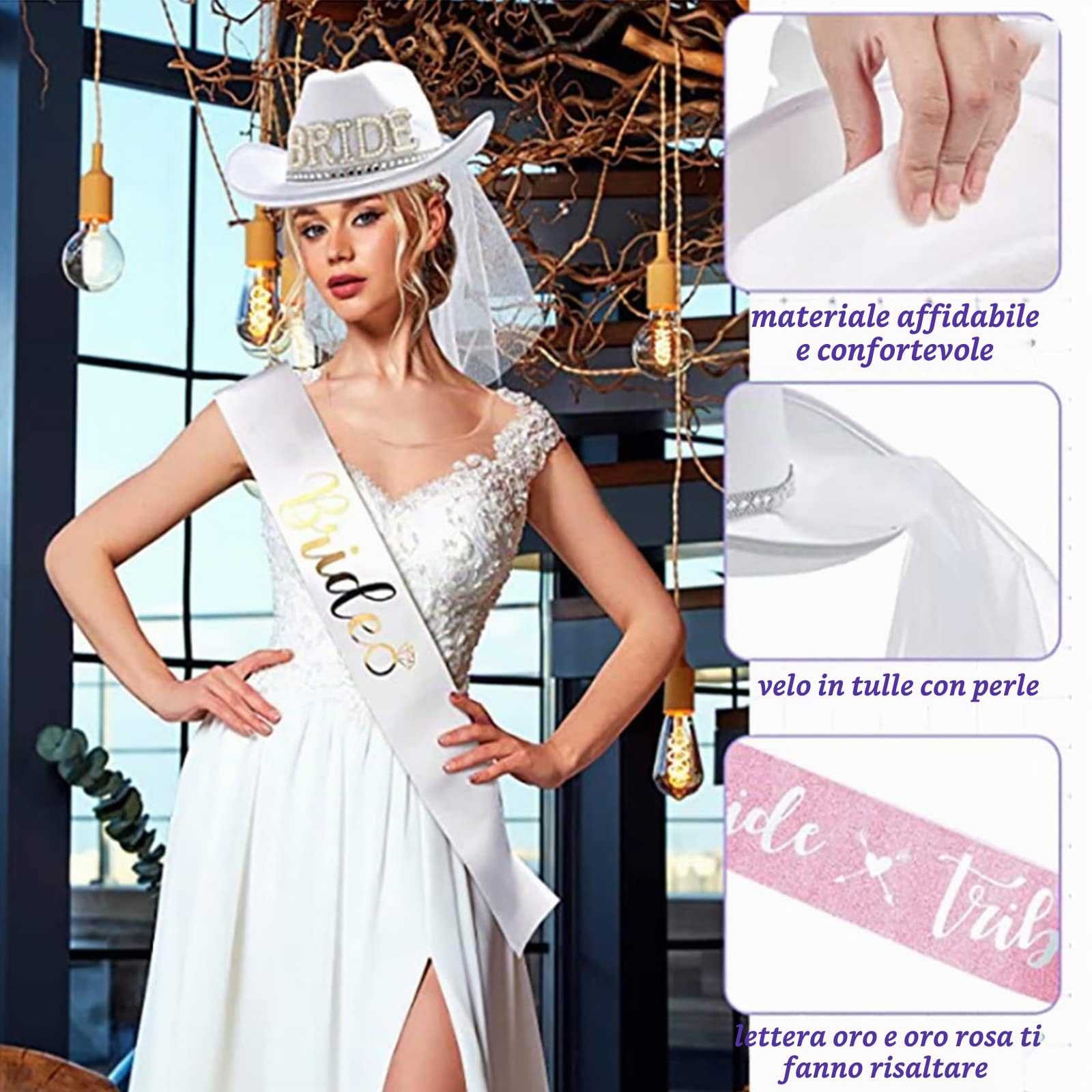 Cappello da cowboy da sposa con velo a tesa larga e cappello da cowgirl e fascia set di accessori per feste di nozze cappelli per addio al nubilato per feste nuziali