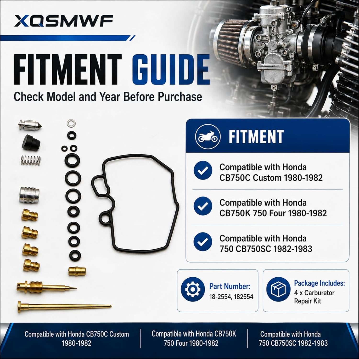 XQSMWF 4 Set Carb Carburetor Repair Rebuild Kit Compatible with Honda CB750C Custom 1980-1982 CB750K 750 Four 1980-1982 750 CB750SC 1982-1983#18-2554 182554 Carb Repair Float Valve Gasket Kit