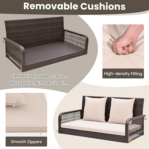 Miniatura 6 de Tangkula Columpio de mimbre para porche al aire libre, capacidad de 800 libras, banco de columpio para exteriores con cadenas colgantes, cojines de