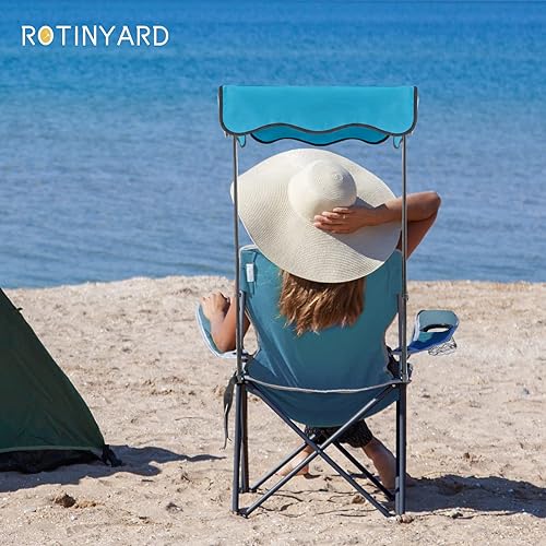 Miniatura 9 de rotinyard Silla de camping plegable con toldo para adultos, sillas de playa portátiles con soporte para paraguas de 330 libras, silla de césped