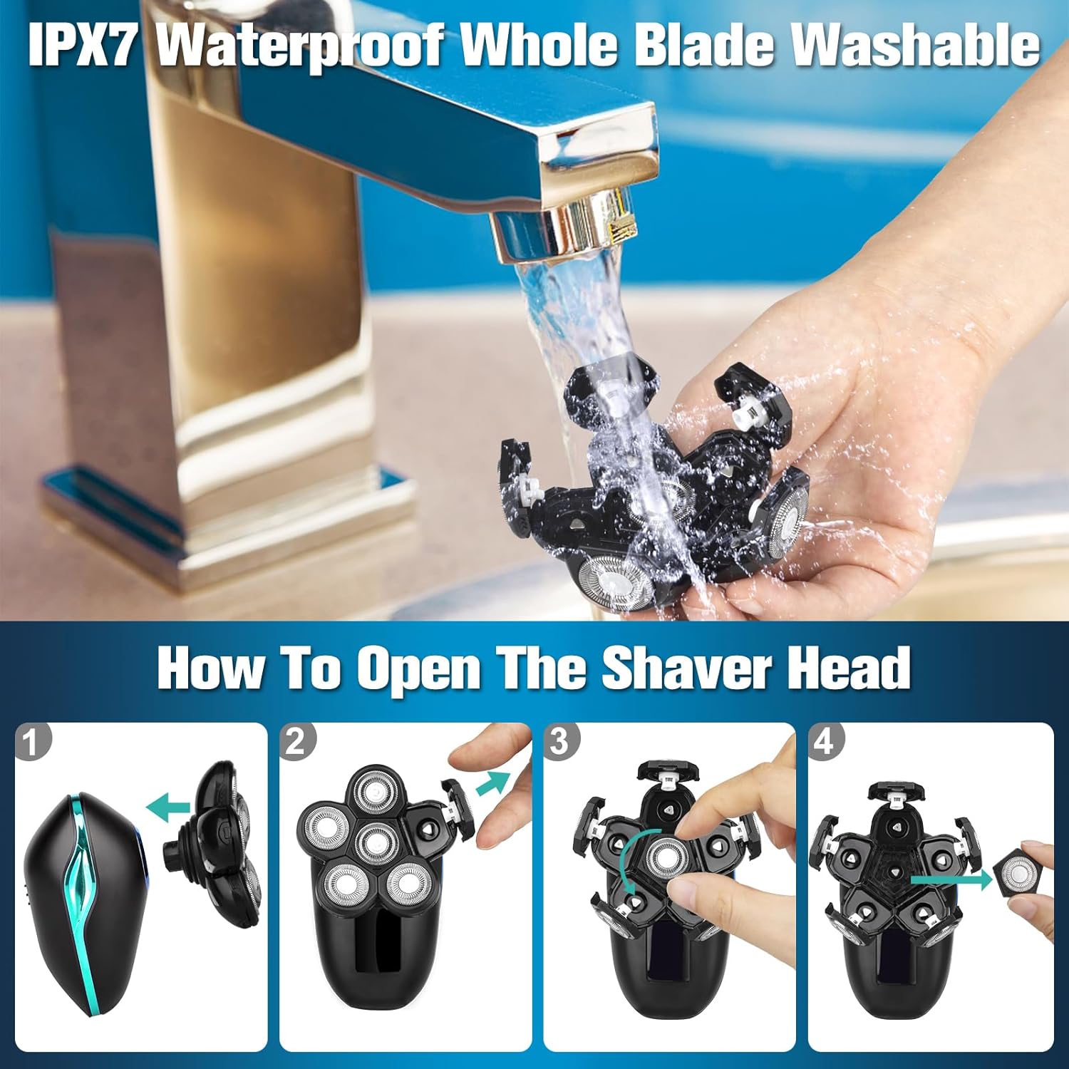 Electric Head Shaver for Bald Men, 6 in 1 Mens Electric Heads Razor Bald Head Shaver Cordless Razor Men, IPX7 Wet/Dry Waterproof Men's Rotary with Shavers Kit LED Display (Green)