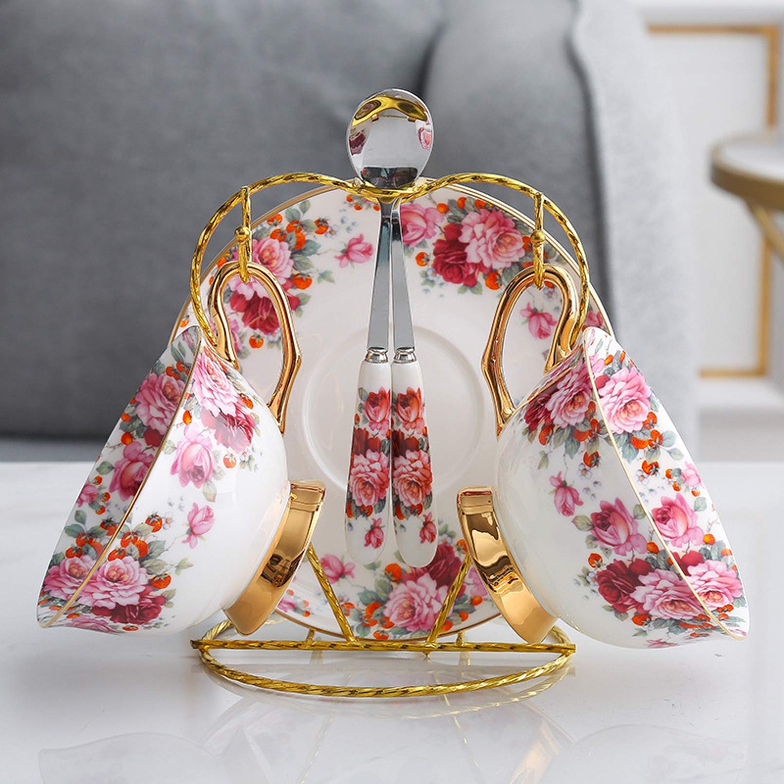 TEACUPS PORCELANIA, 200Ml, Servicio De Té Inglés, Servicio De Café con Flores, Conjunto De Café De Porcelana, Taza De Café Floral con Platillo Y Cuchara De Porcelana De Porcelana De Hueso Premium.,A